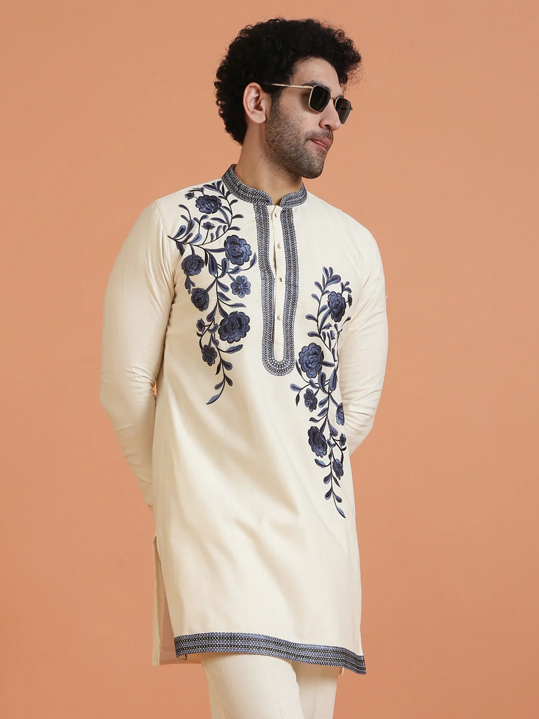 Cream Cotton Silk Embroidered Kurta