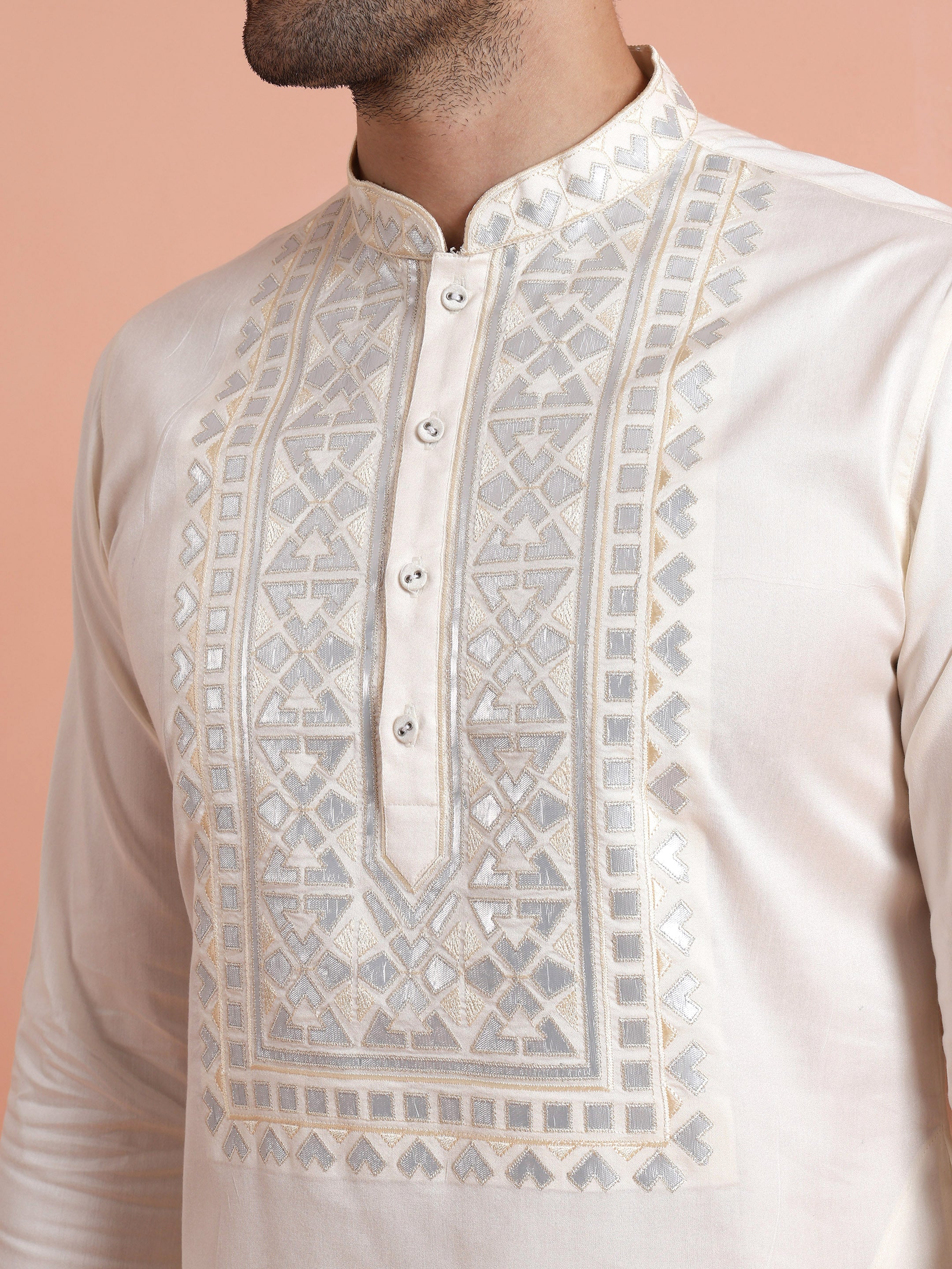 Cream Cotton Silk Embroidered Mid Kurta Wide Leg Pant Set - Image 4