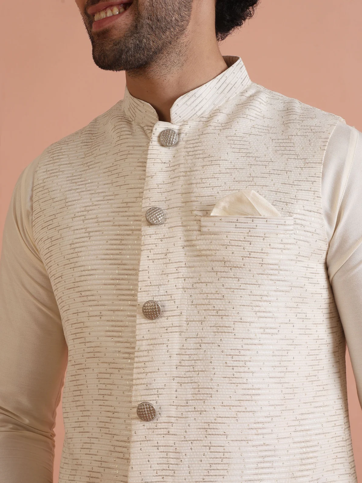 Cream Cotton Silk Textured Mid Kurta Jacket Wide Leg Trouser Set - Image 4