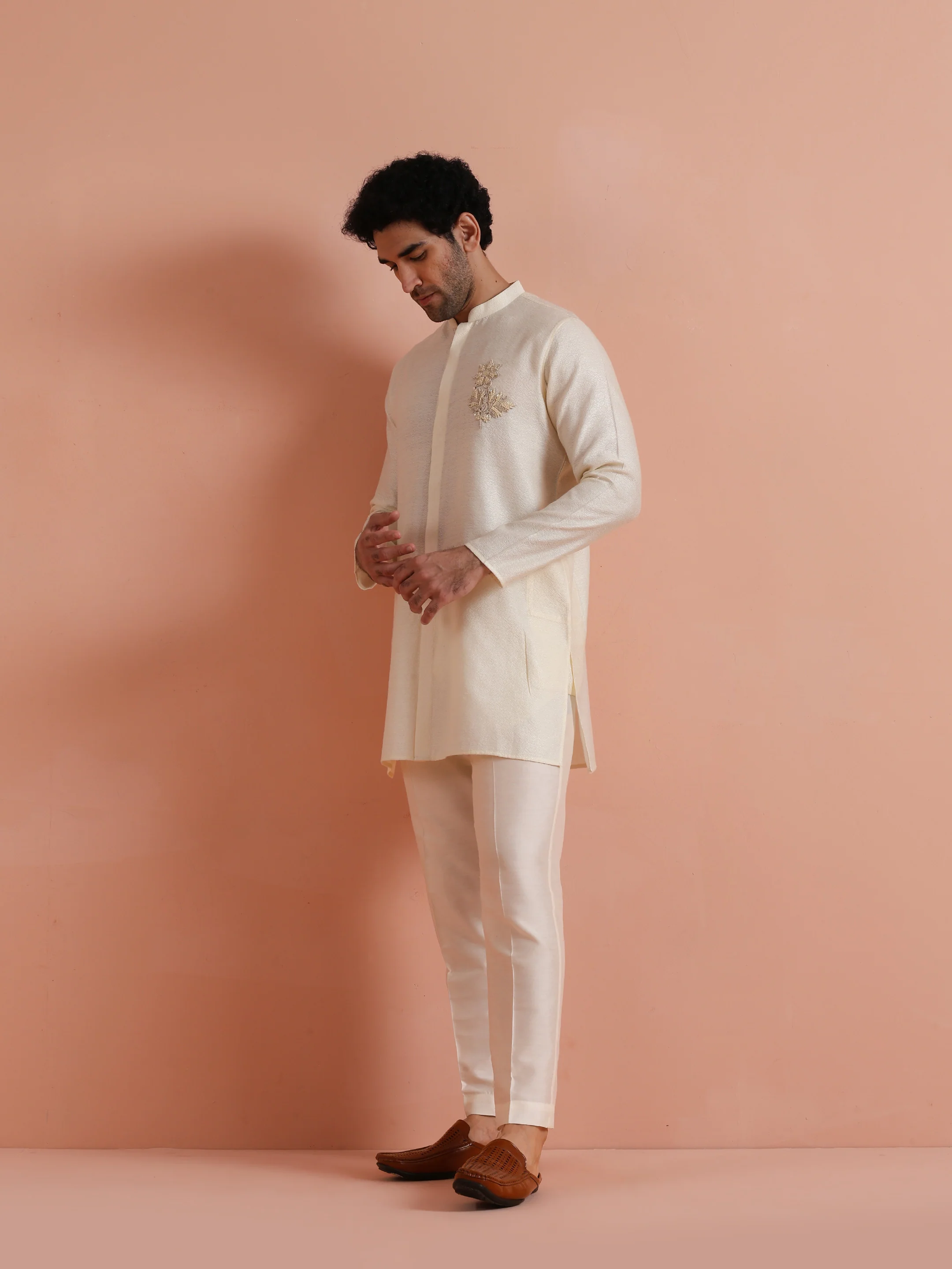 Cream Embroidered Cotton Kurta Trouser Set - Image 3