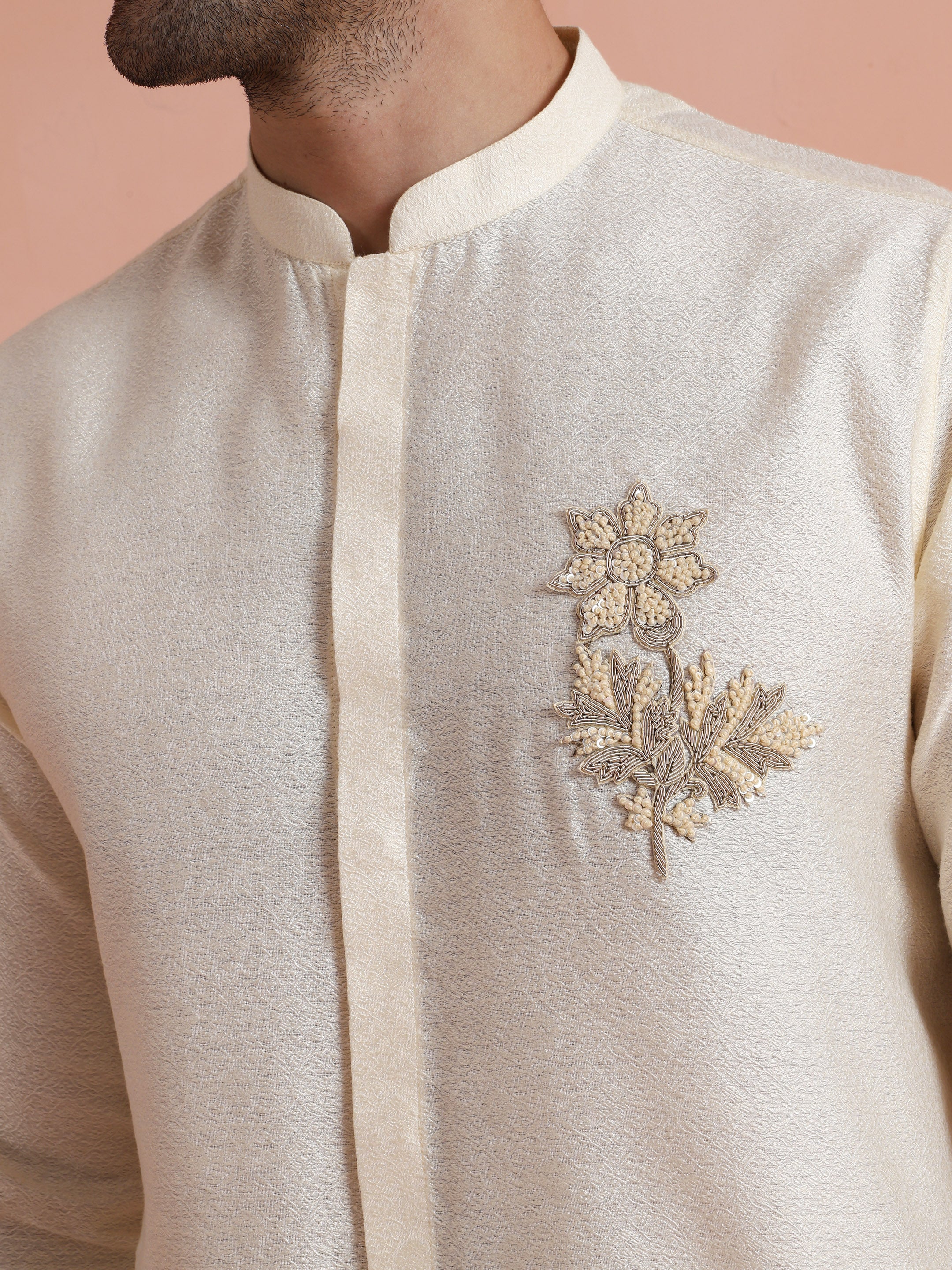 Cream Embroidered Cotton Kurta Trouser Set - Image 5