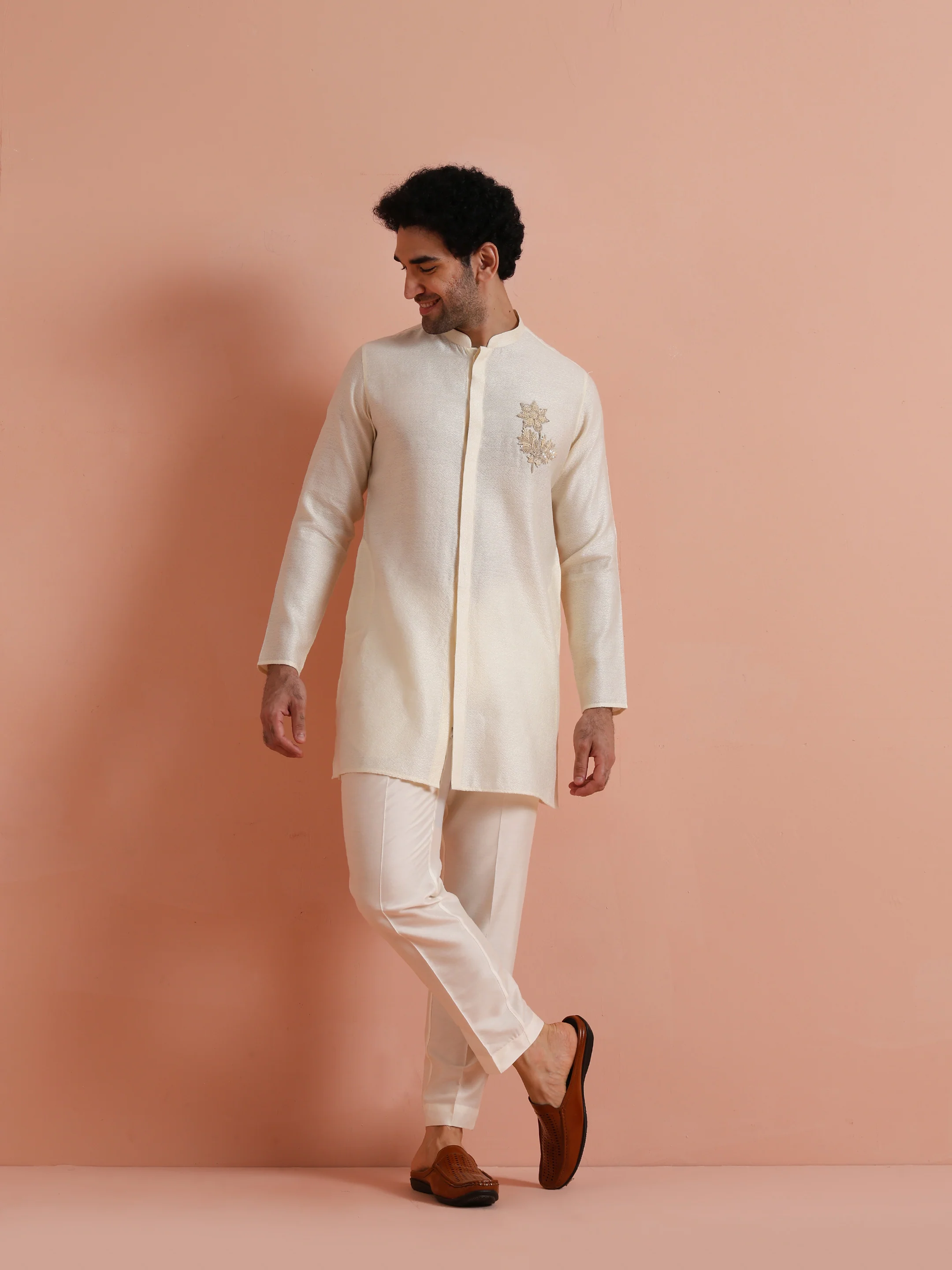 Cream Embroidered Cotton Kurta Trouser Set - Image 7