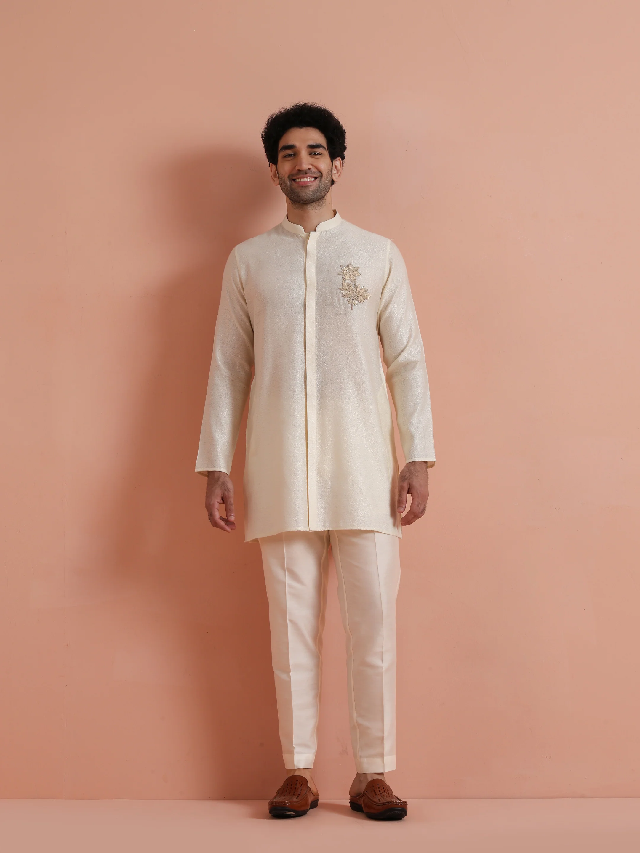 Cream Embroidered Cotton Kurta Trouser Set - Image 8
