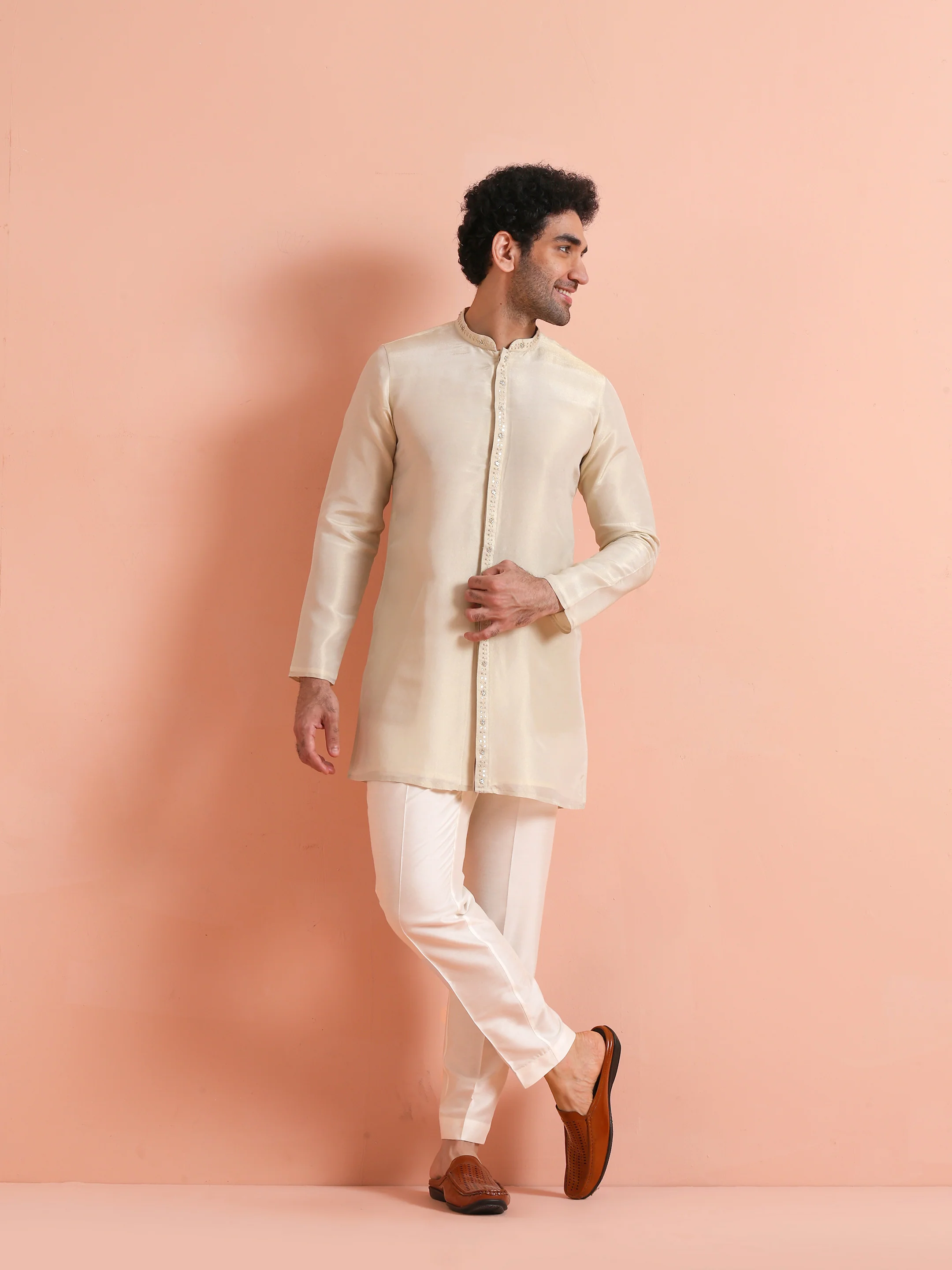 Cream Embroidered Cotton Kurta Trouser Set