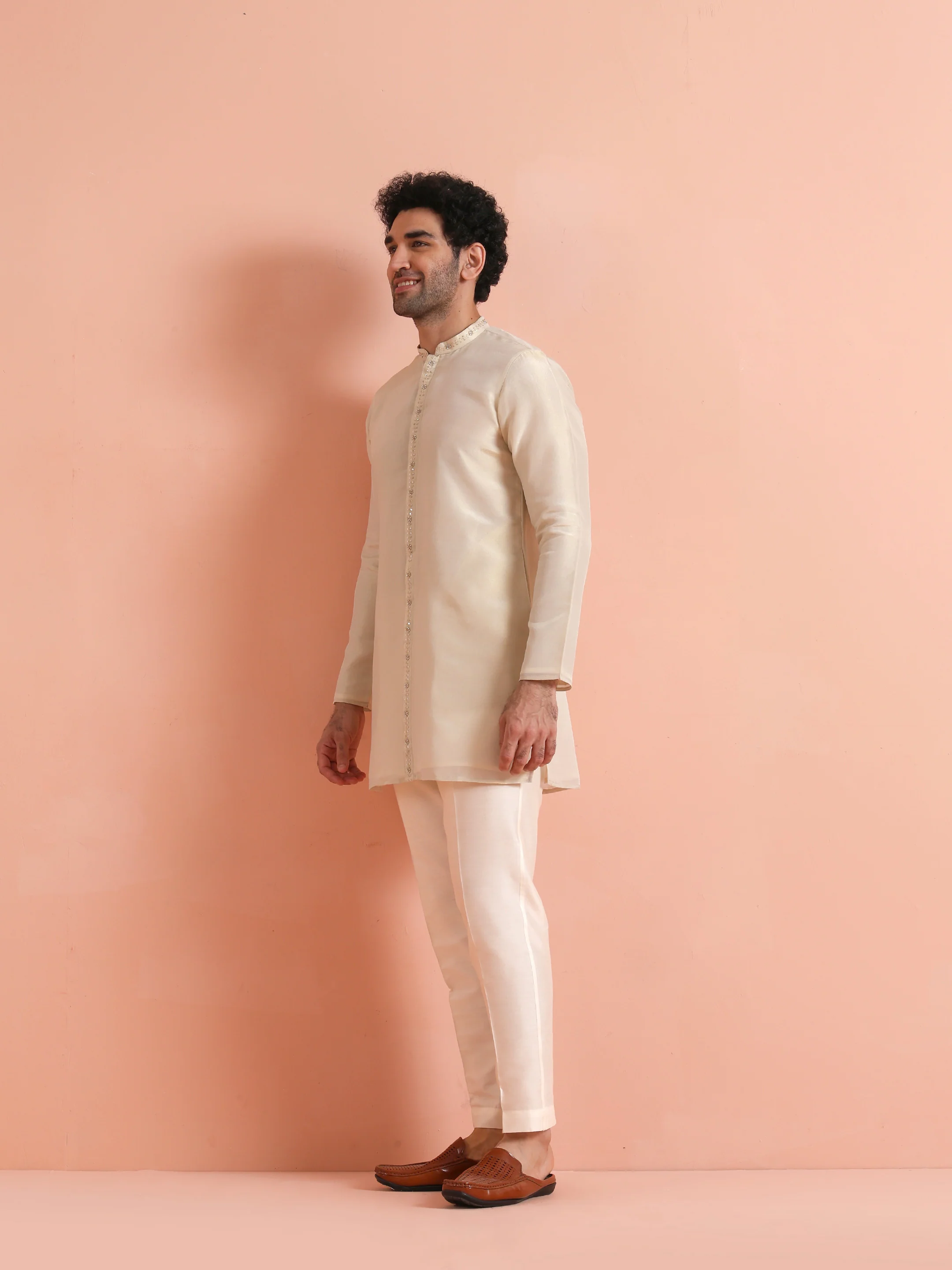 Cream Embroidered Cotton Kurta Trouser Set - Image 3