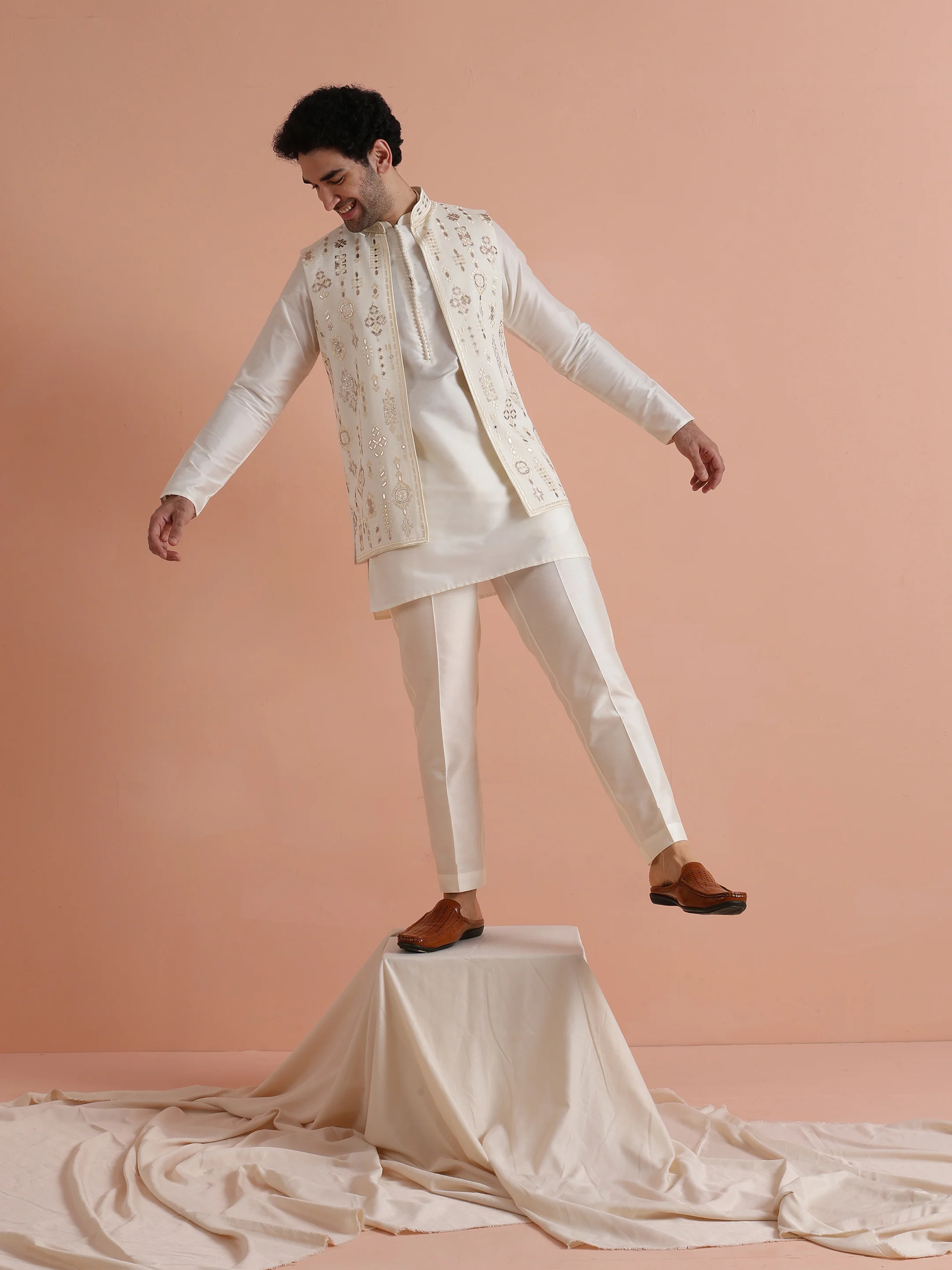 Cream Embroidered Jacket Kurta Set - Image 10