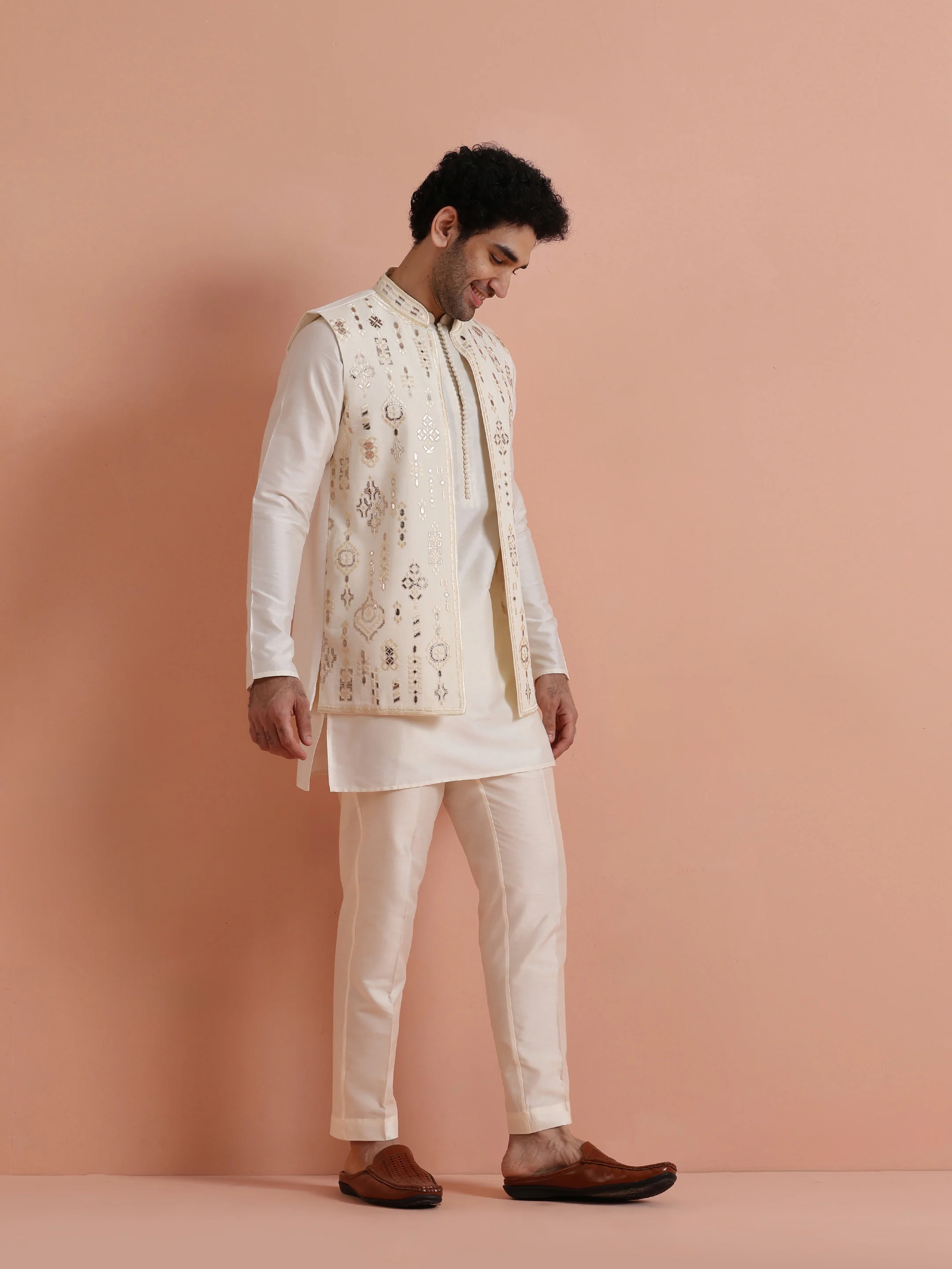 Cream Embroidered Jacket Kurta Set - Image 3