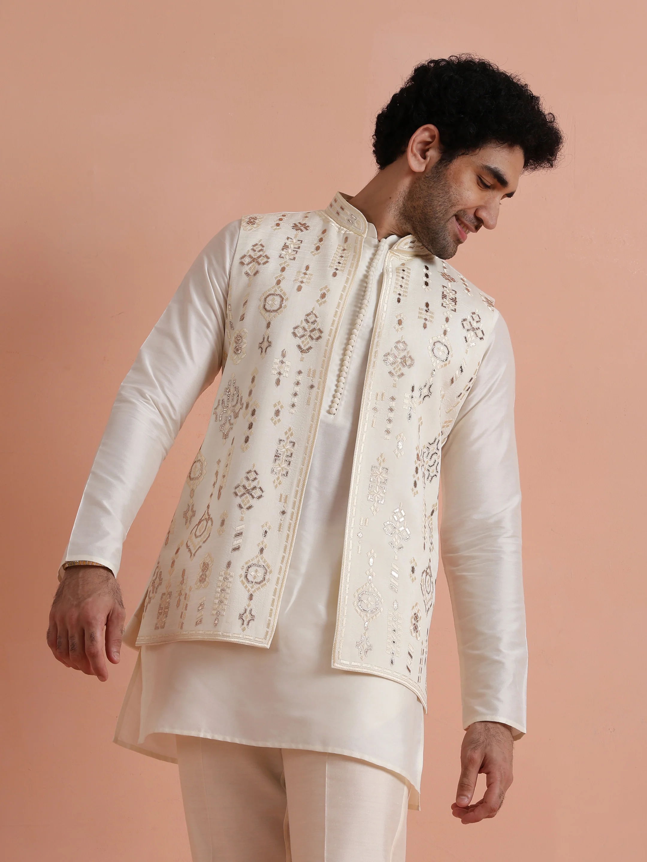 Cream Embroidered Jacket Kurta Set - Image 5