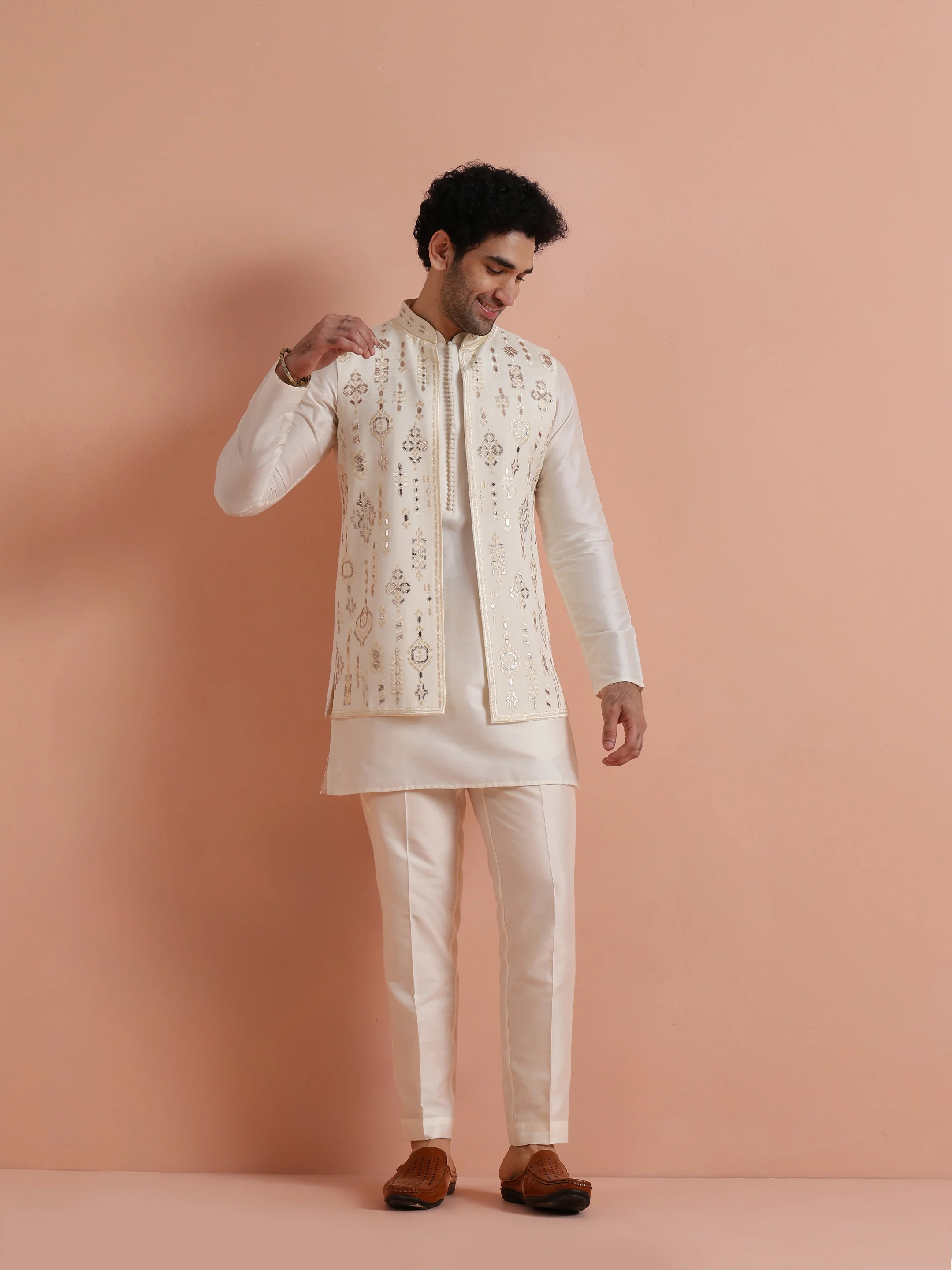 Cream Embroidered Jacket Kurta Set - Image 9