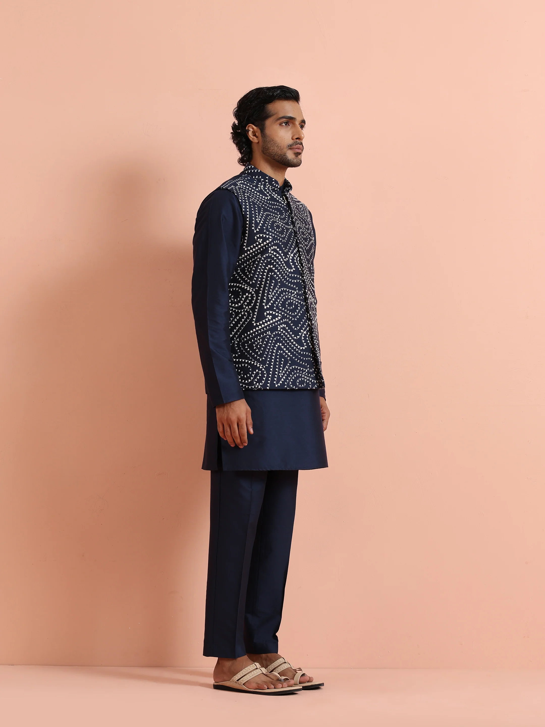 Blue Embroidered Mirror Work Mid Kurta Jacket Trouser Set - Image 4