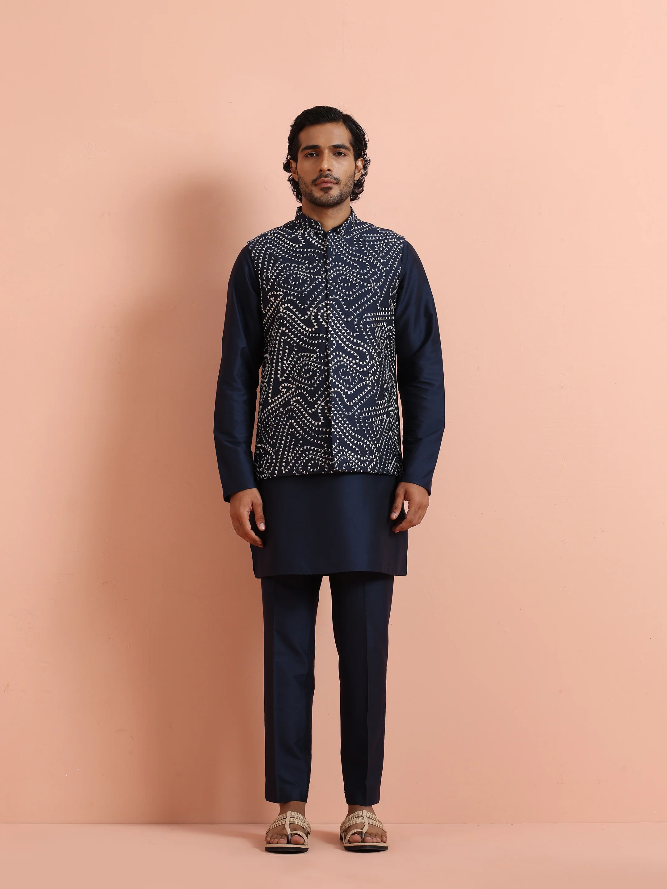 Blue Embroidered Mirror Work Mid Kurta Jacket Trouser Set - Image 7