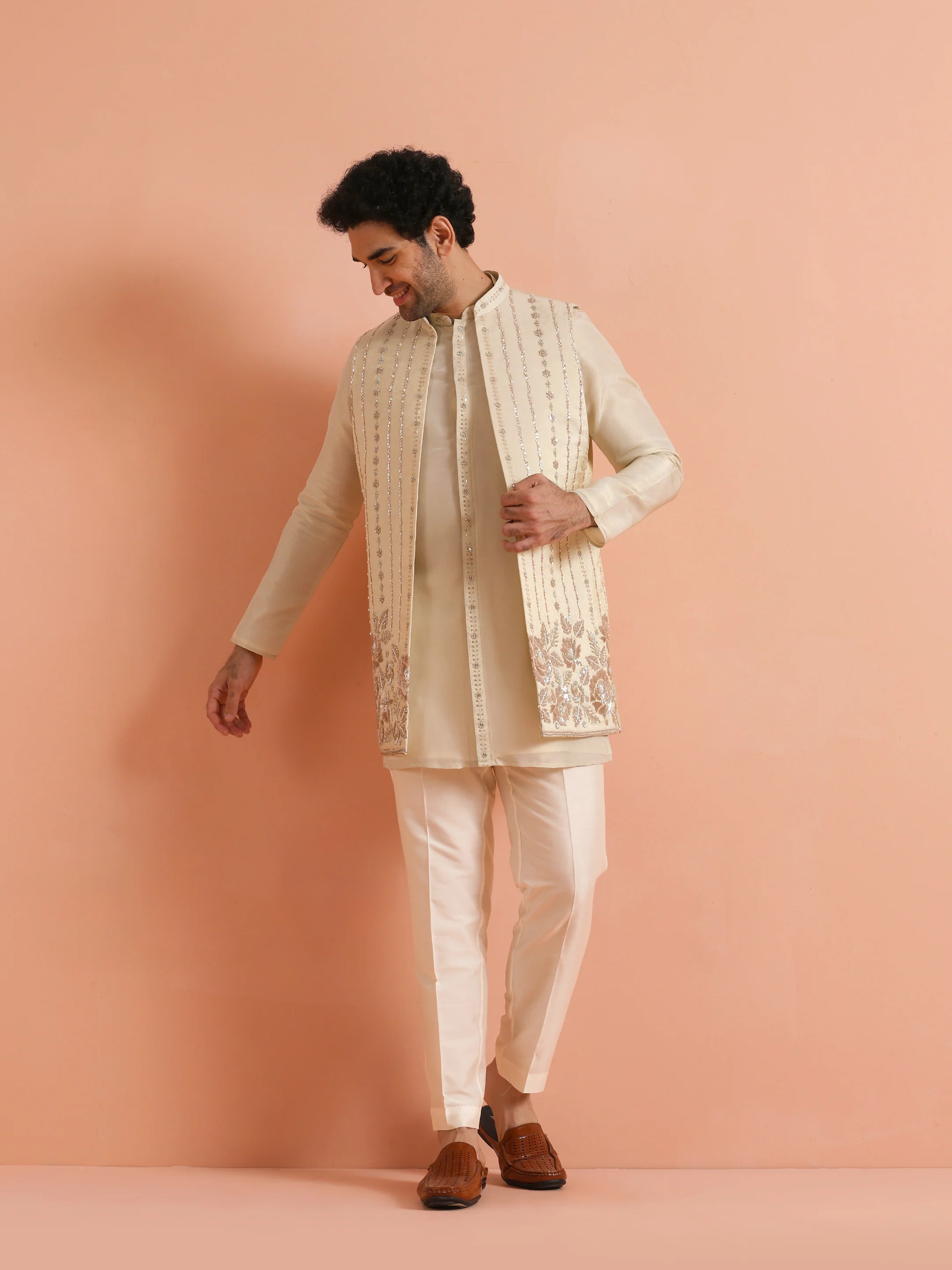 Cream Embroidered Mid Kurta Jacket Set