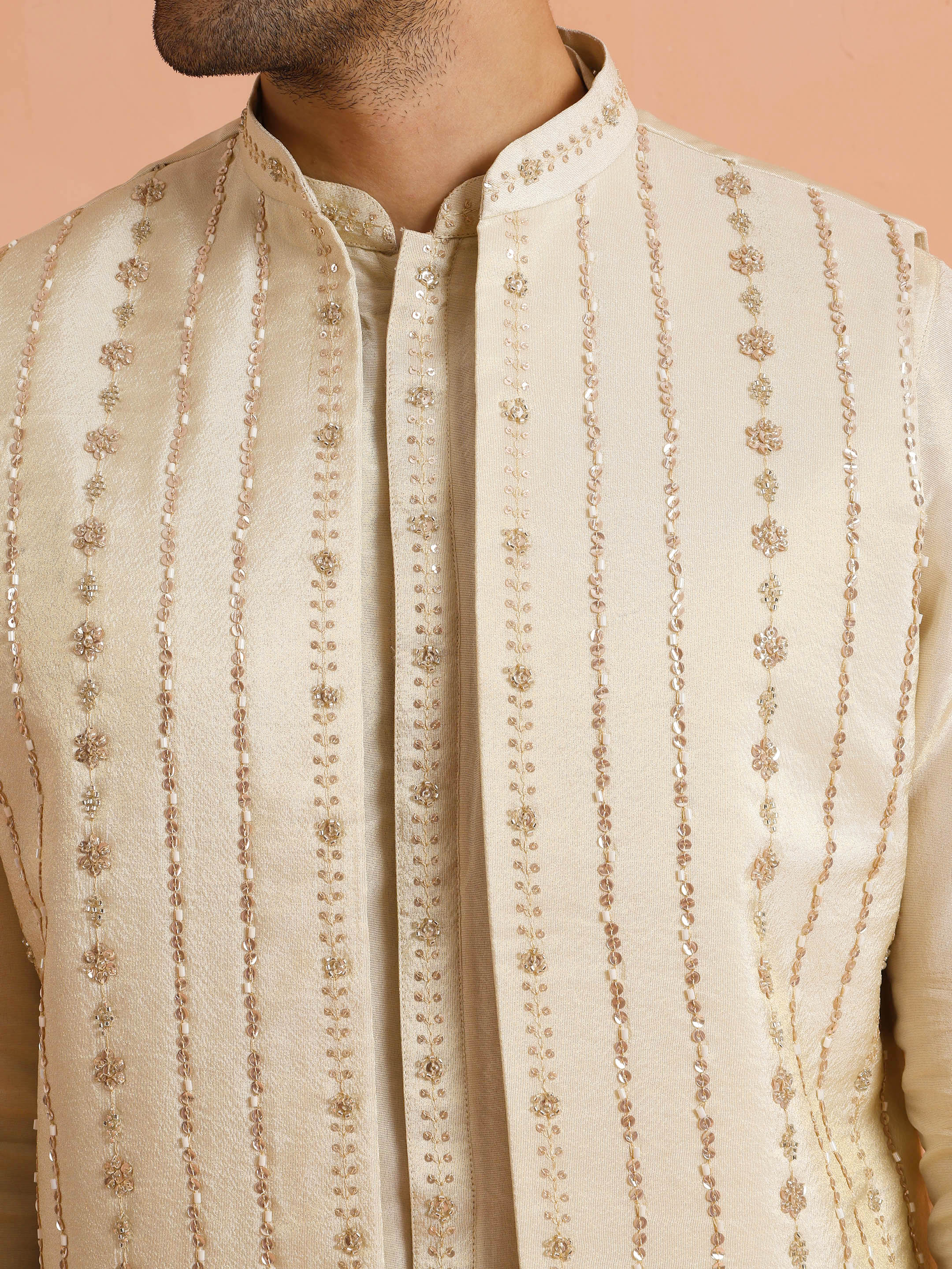 Cream Embroidered Mid Kurta Jacket Set - Image 4