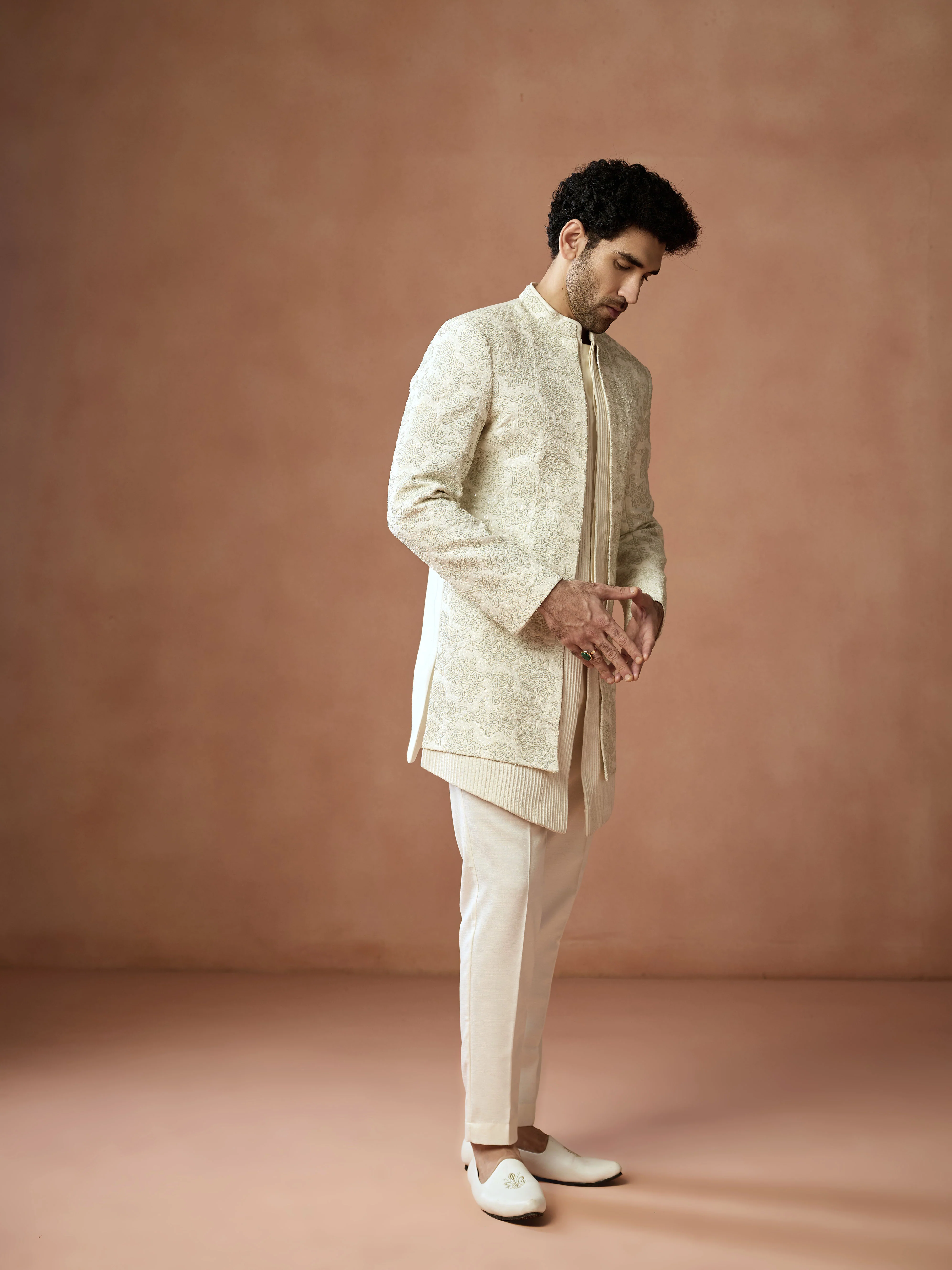 Cream Embroidered Short Sherwani Set