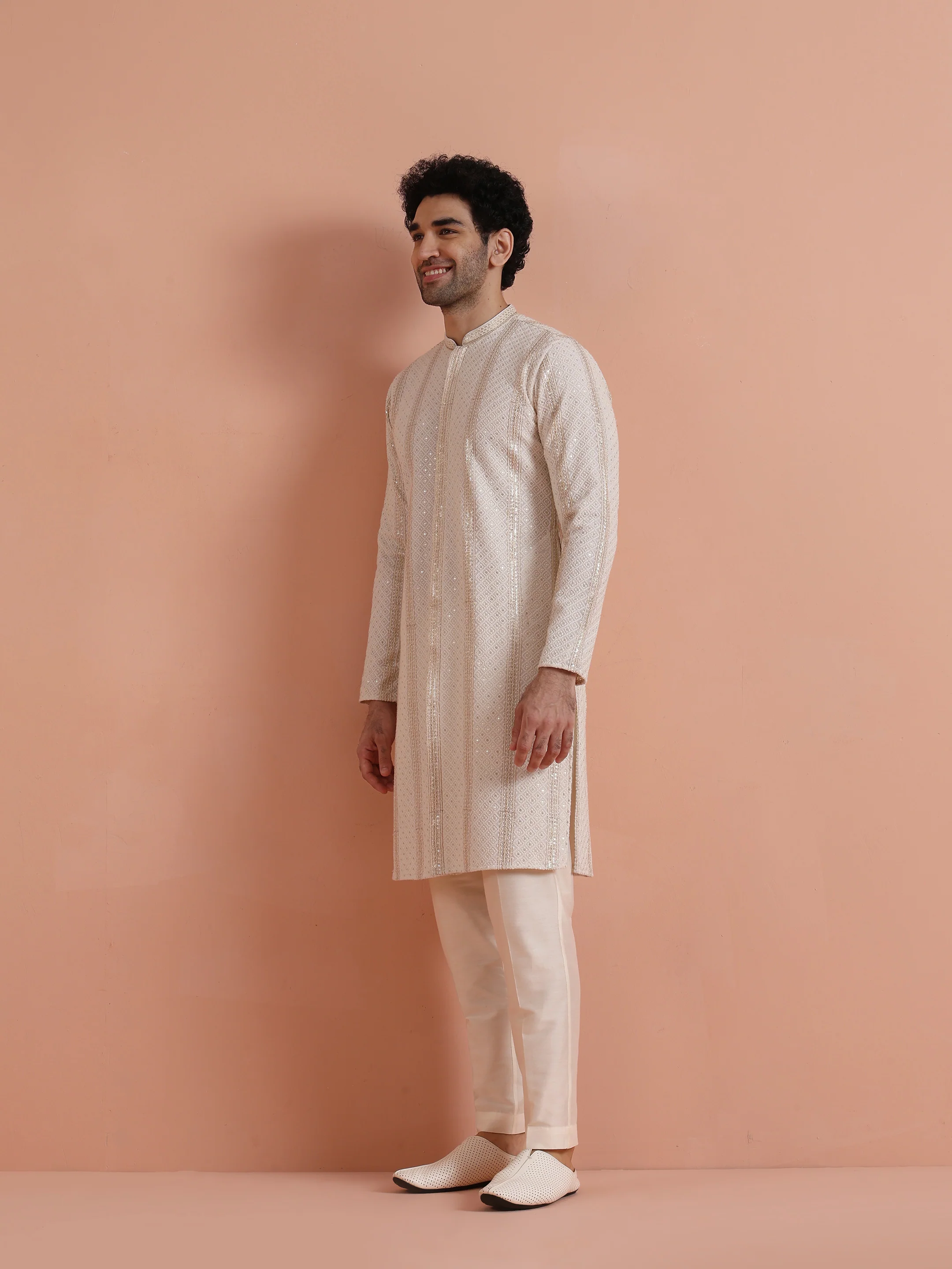 Cream Georgette Embroidered Front Open Kurta Trouser Set - Image 3