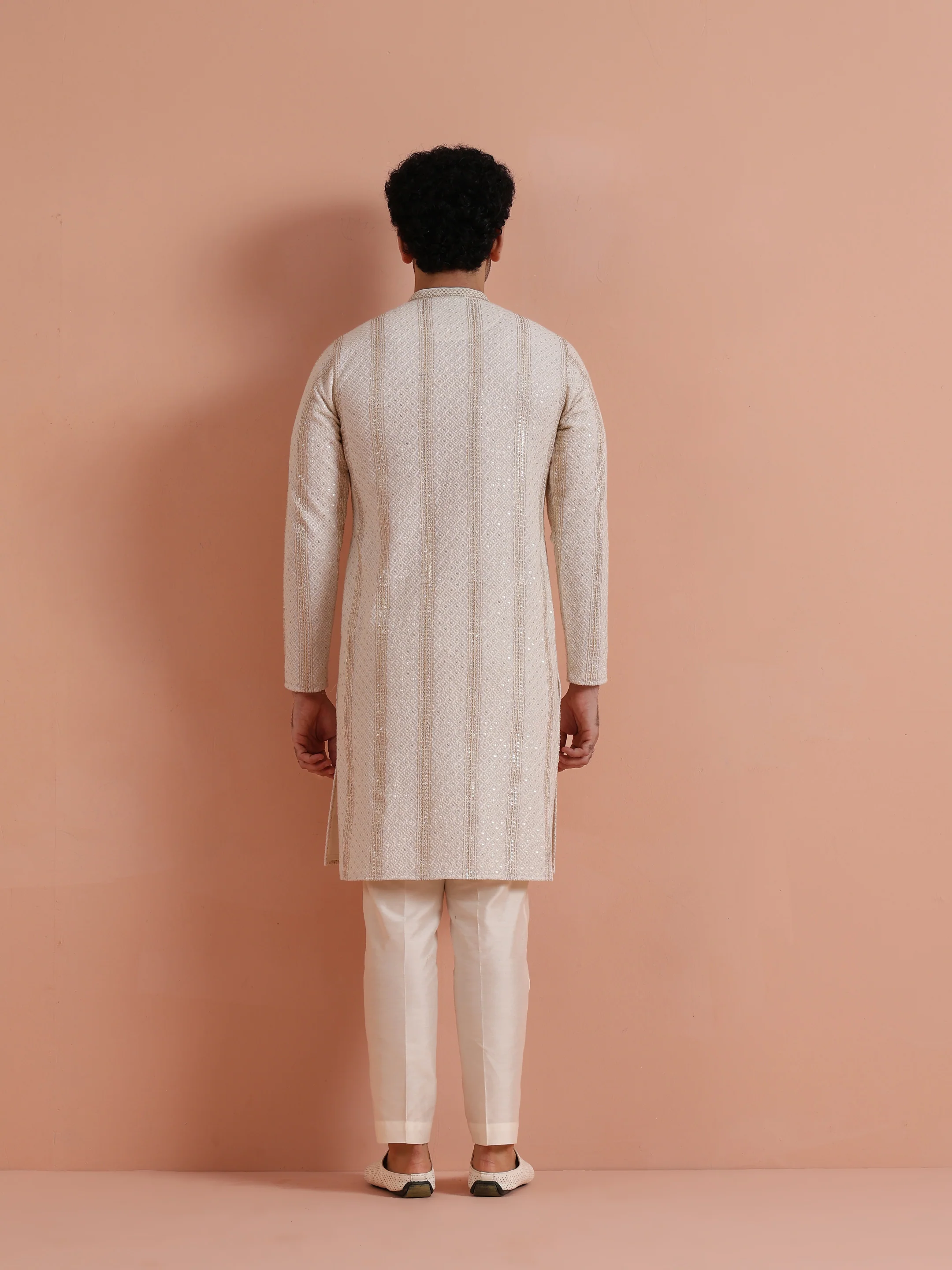 Cream Georgette Sequin Long Kurta - Image 4