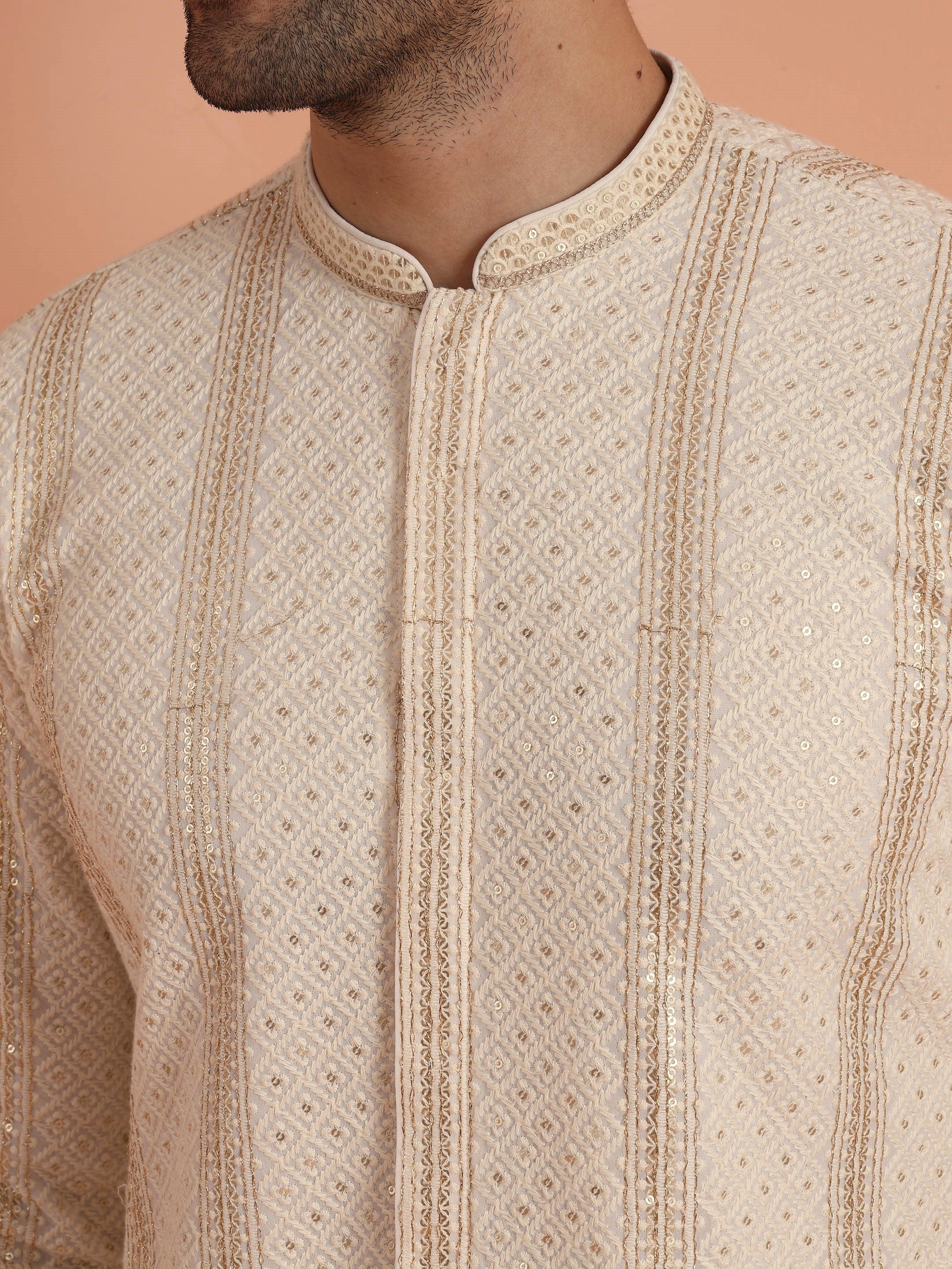 Cream Georgette Sequin Long Kurta - Image 5