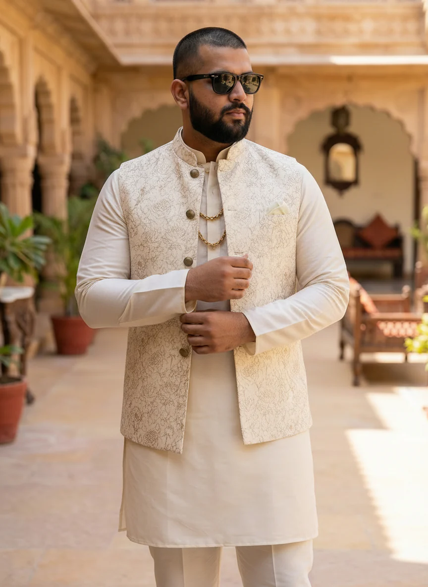 Cream Golden Floral Nehru Jacket