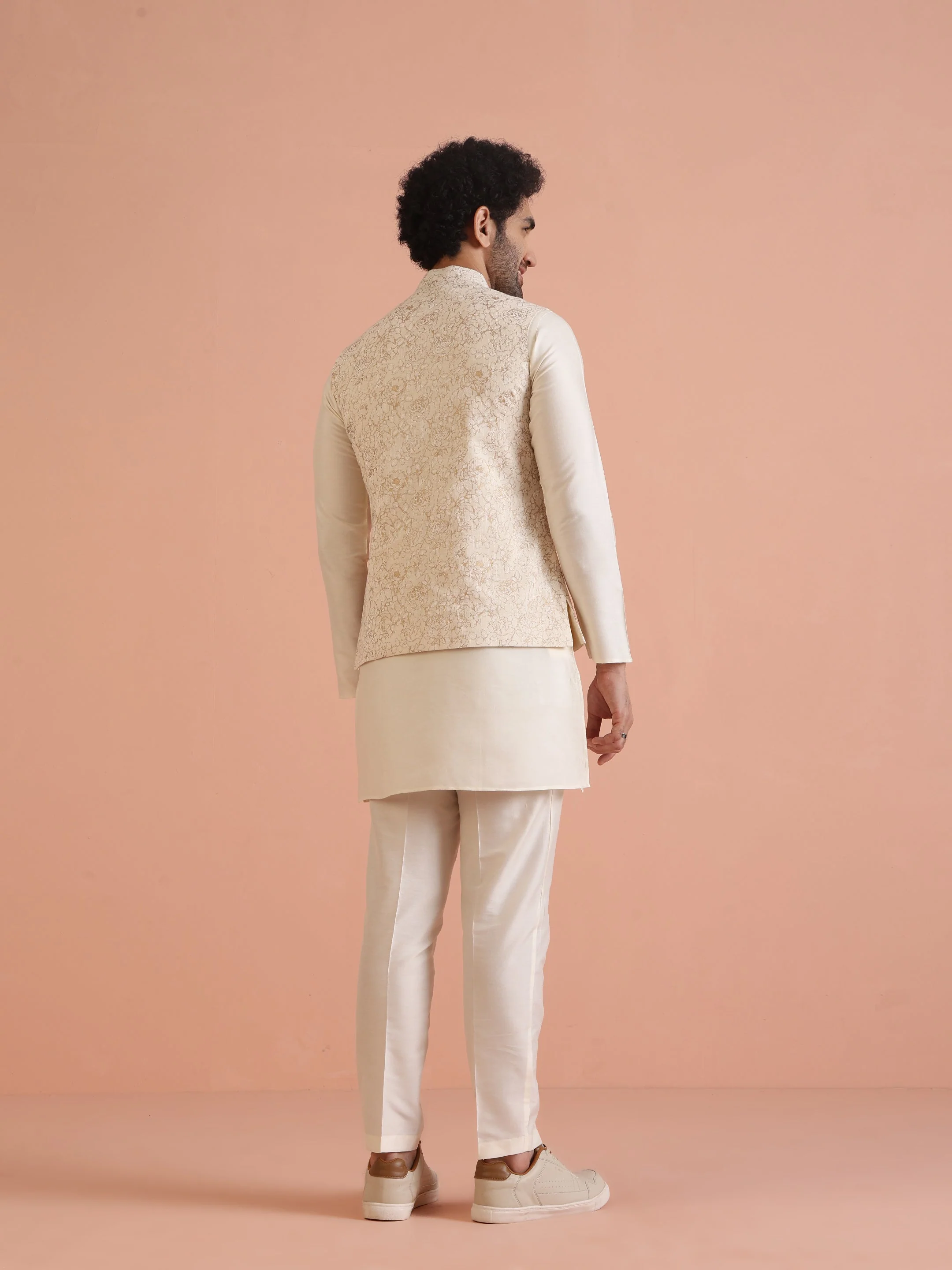 Cream Golden Floral Nehru Jacket - Image 5