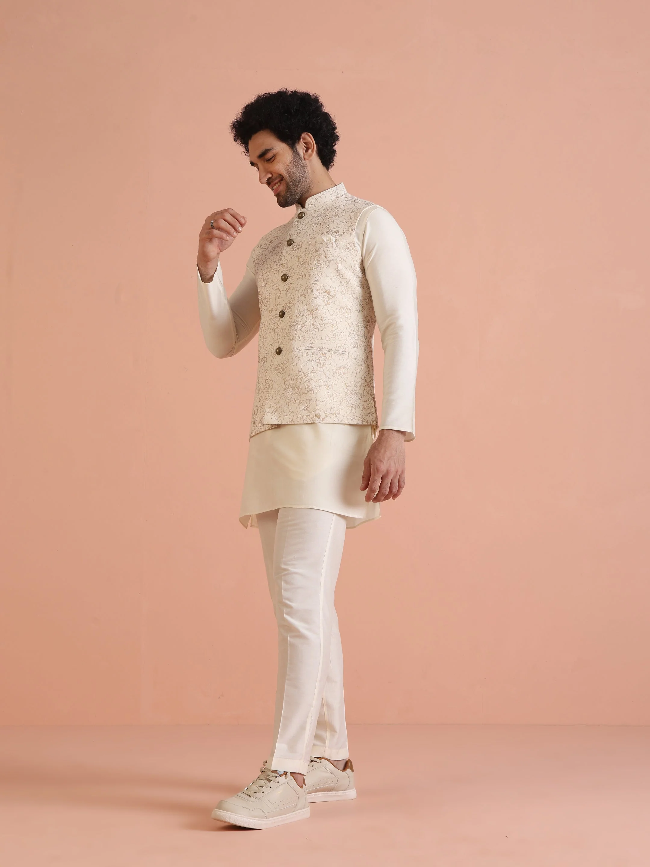 Cream Golden Floral Nehru Jacket - Image 6
