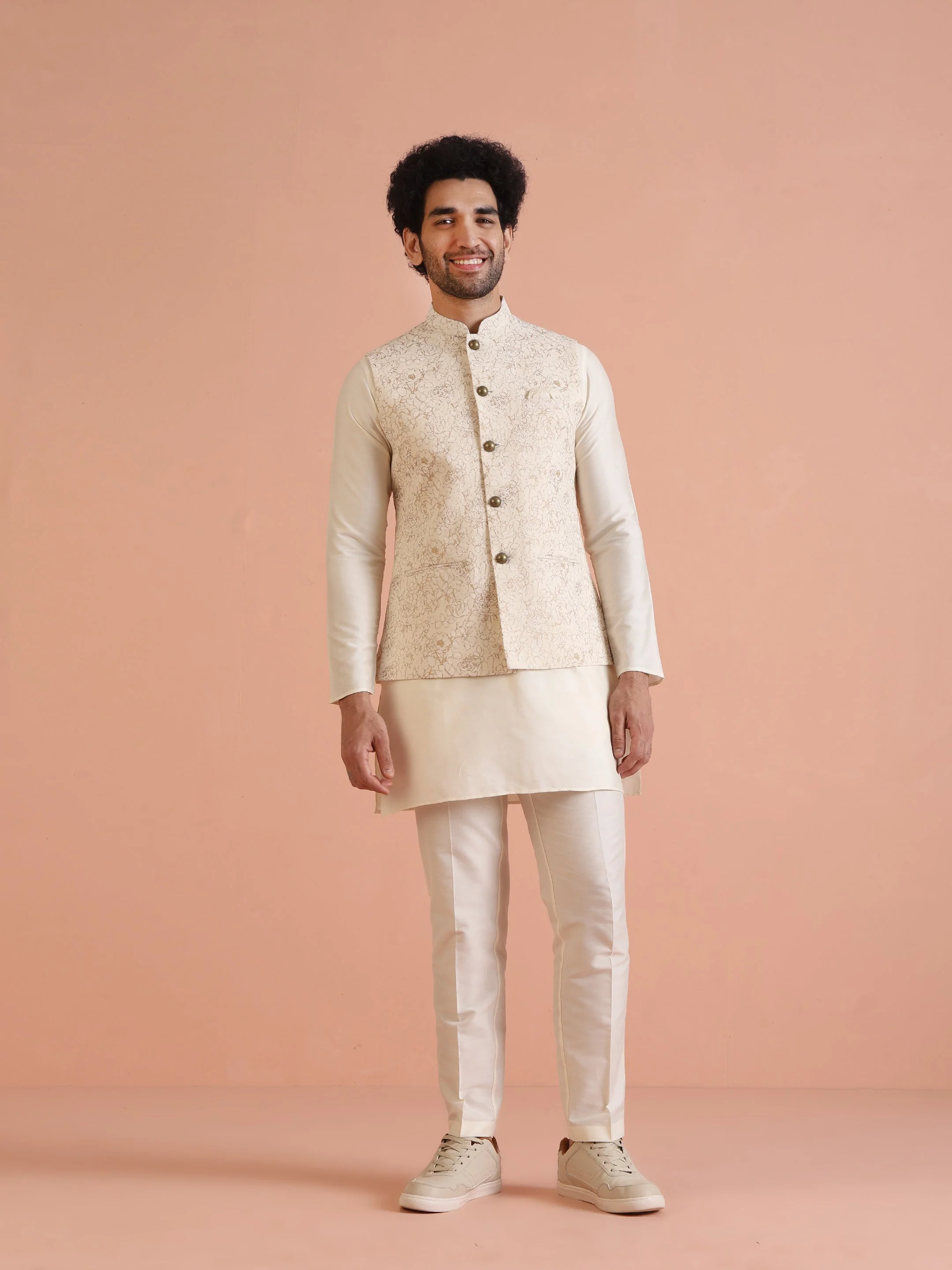Cream Golden Floral Nehru Jacket - Image 7