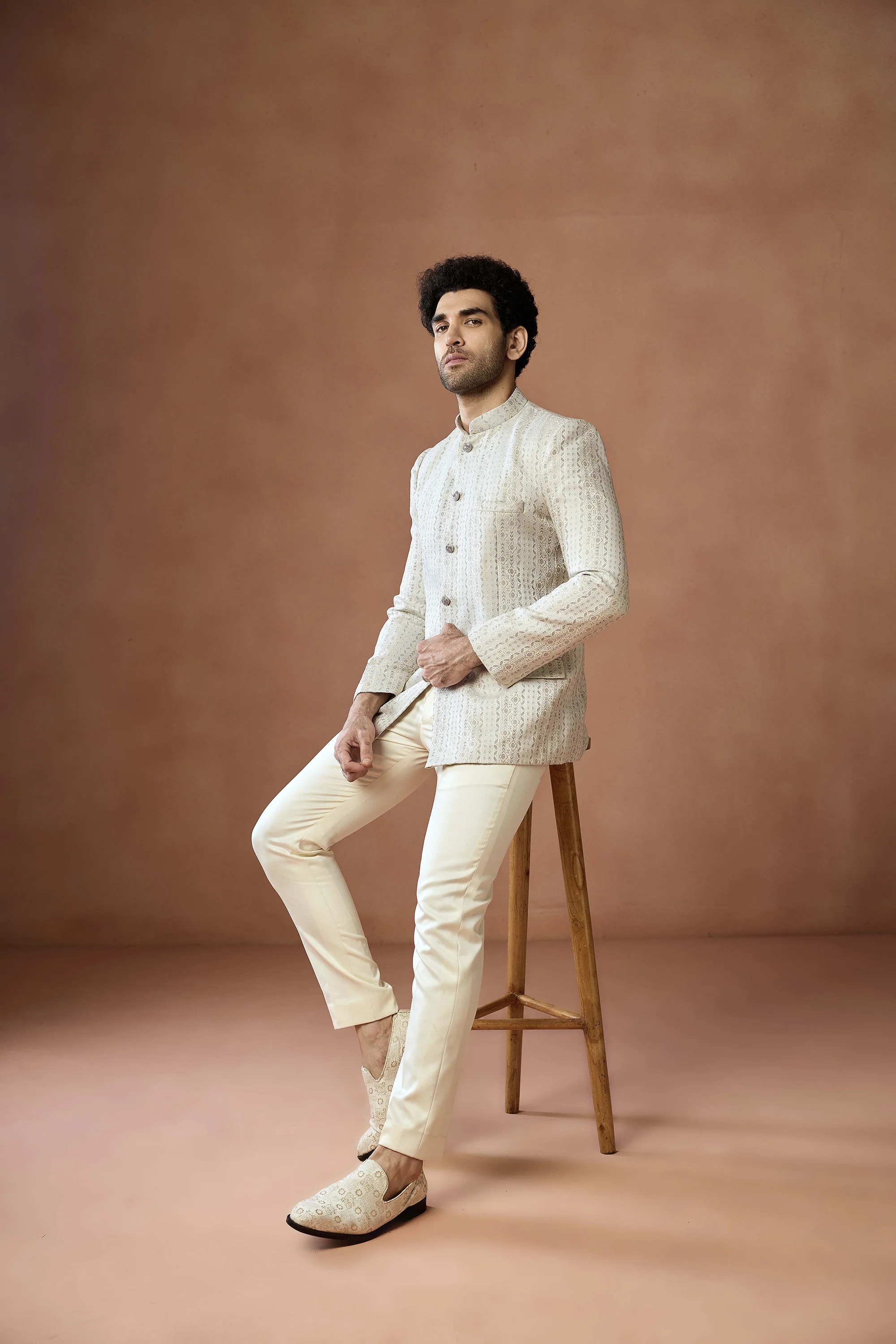 Cream Jacquard Silk Bandhgala Trouser Set