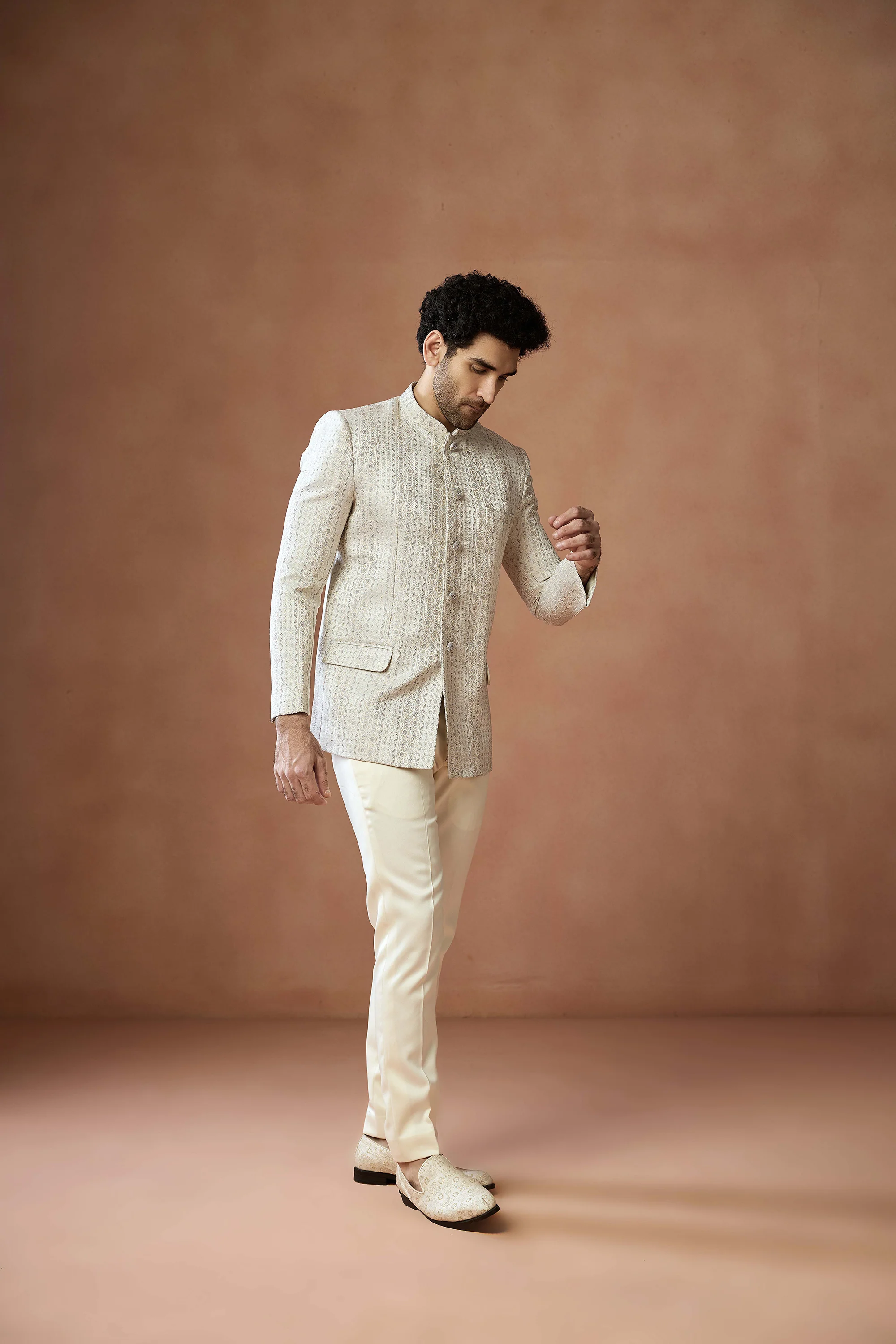 Cream Jacquard Silk Bandhgala Trouser Set - Image 2