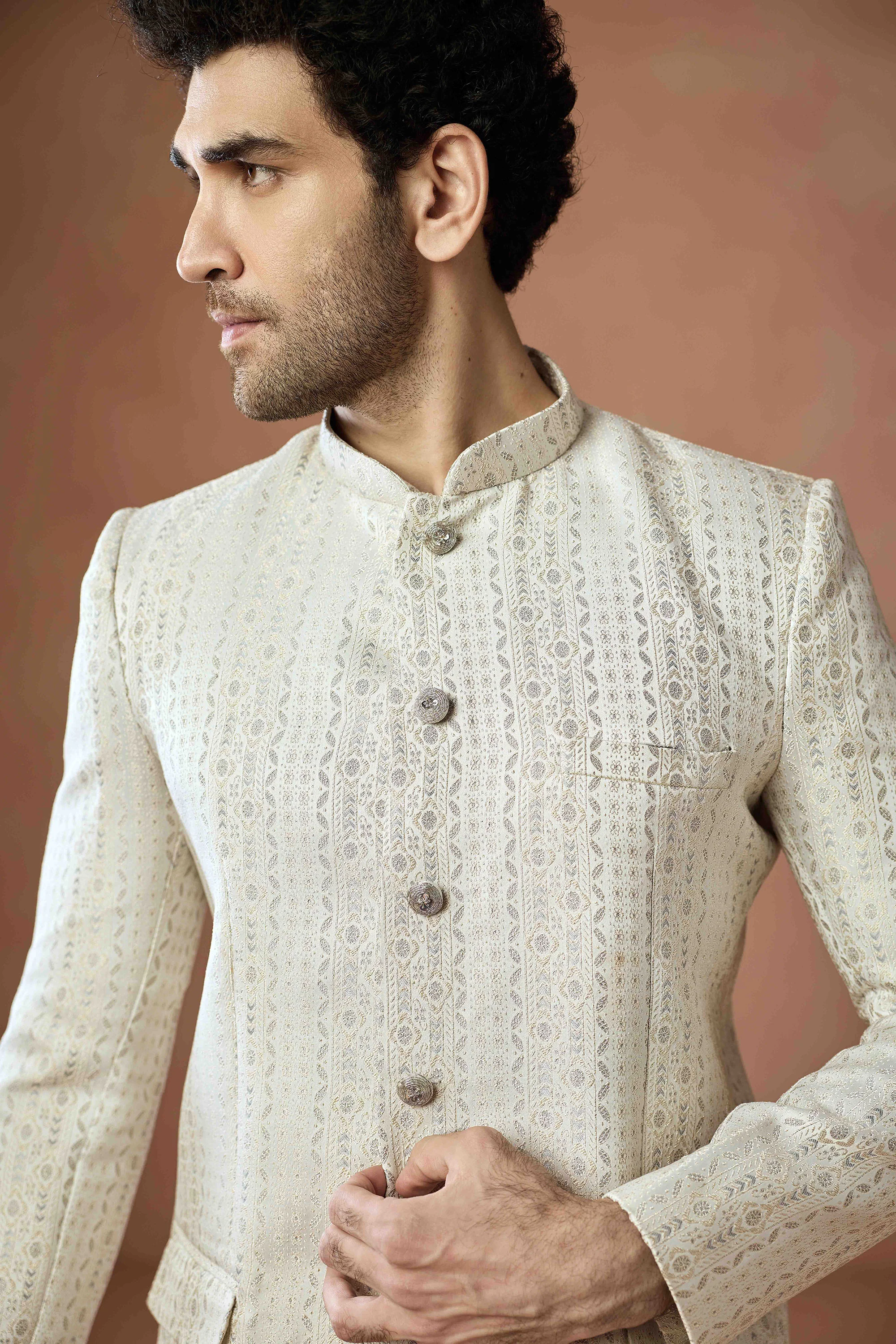 Cream Jacquard Silk Bandhgala Trouser Set - Image 5