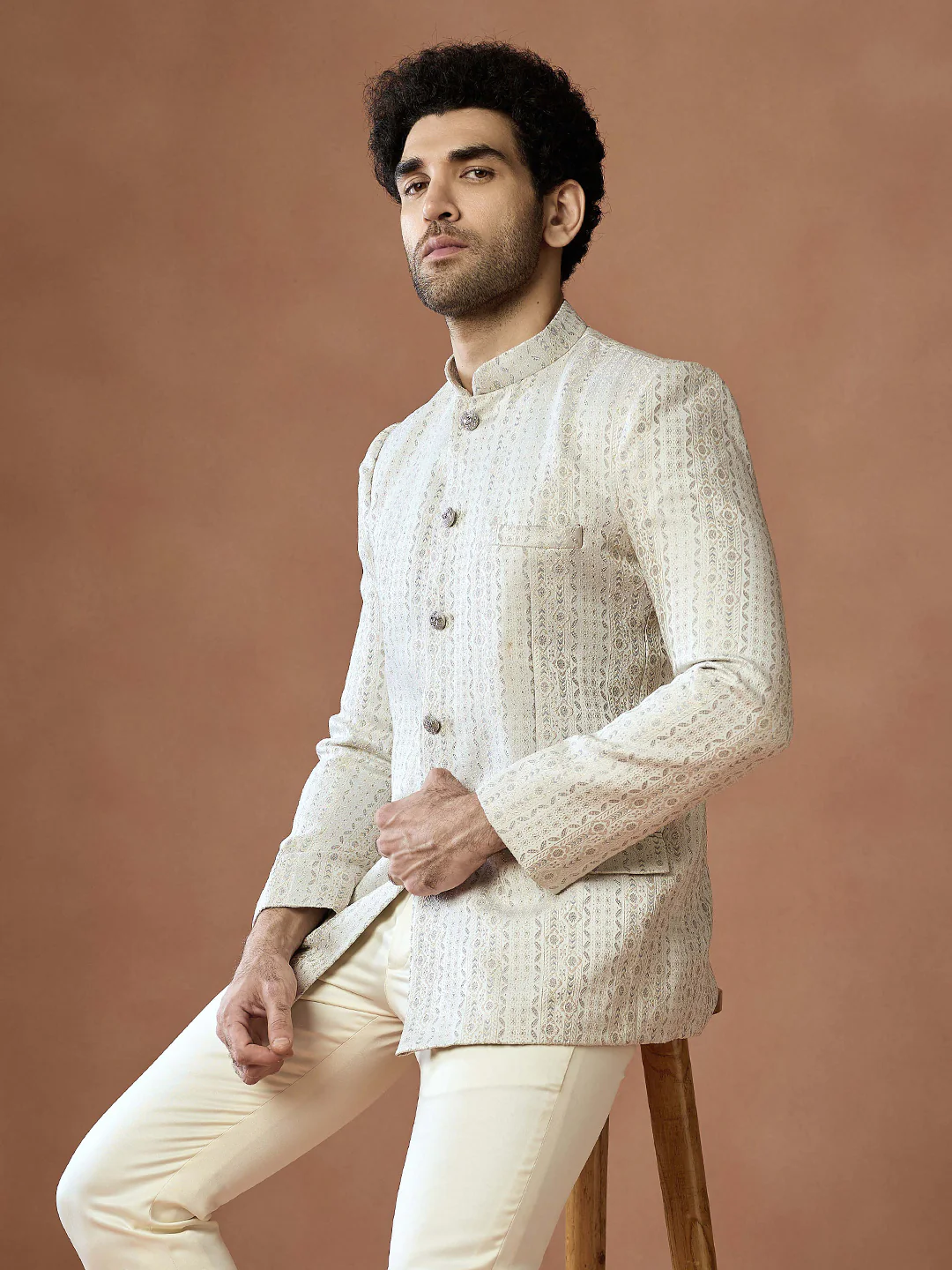 Cream Jacquard Silk Bandhgala Trouser Set - Image 6