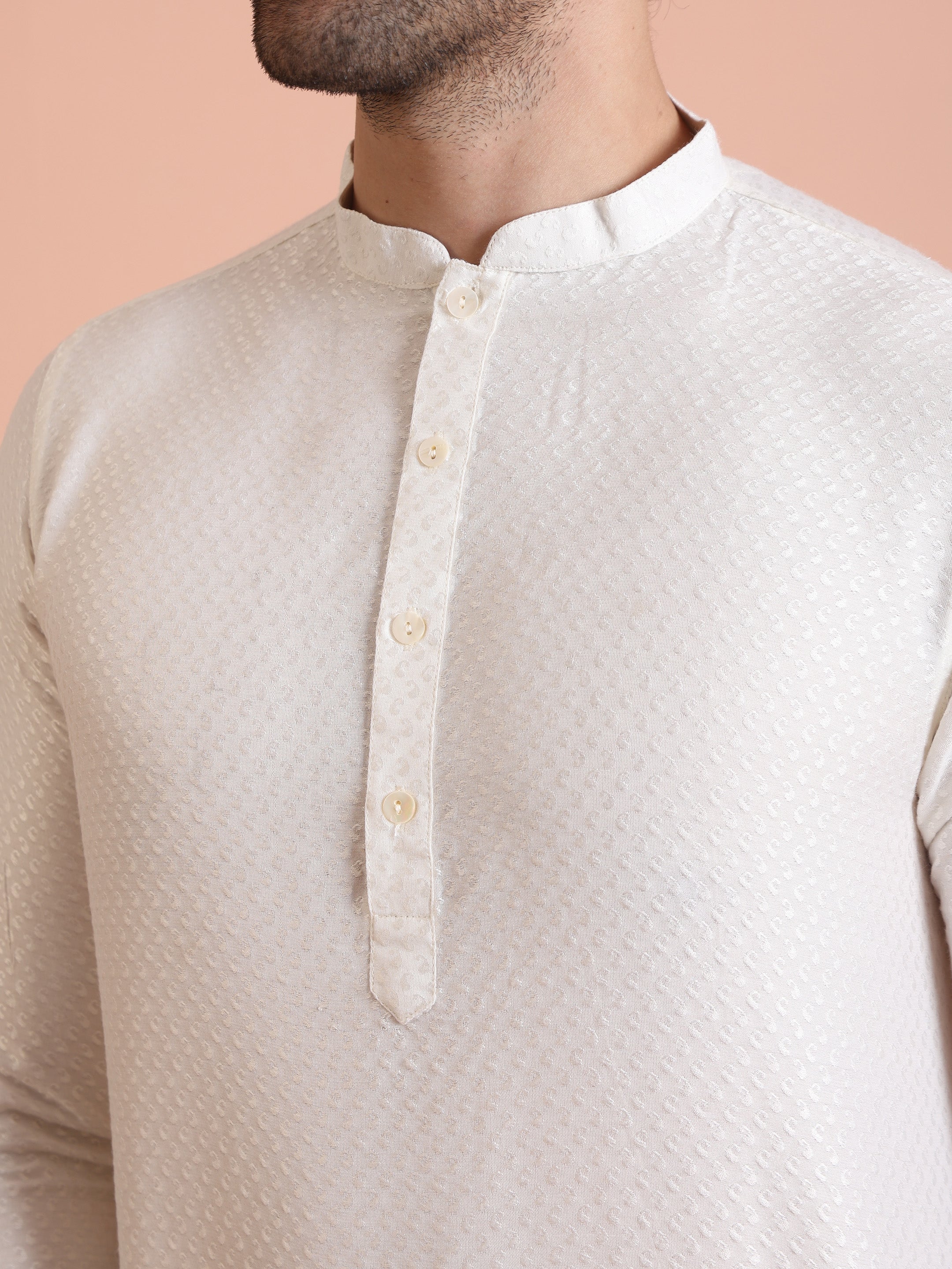 Cream Jacquard Silk Blend Kurta Trouser Set - Image 5