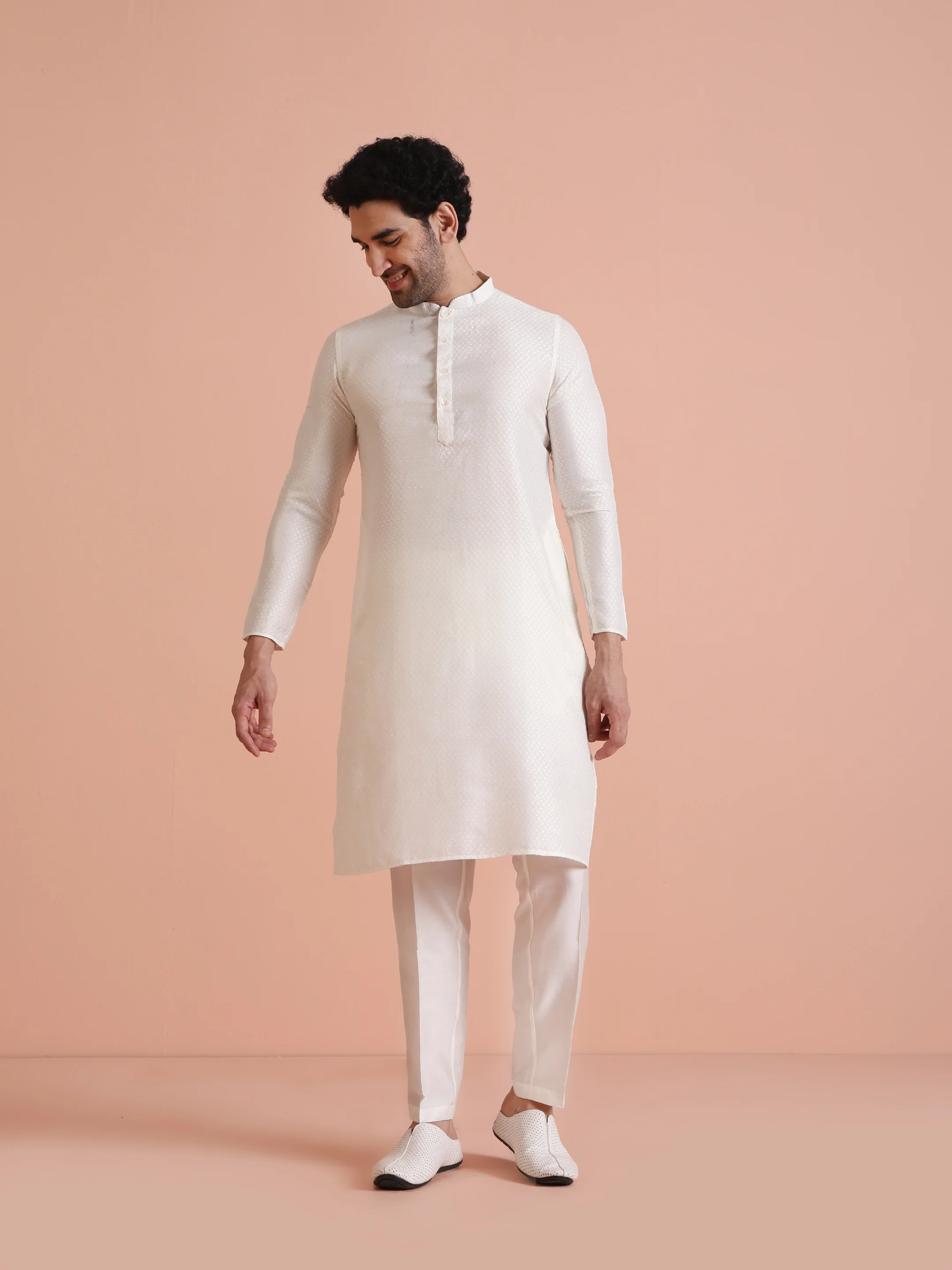 Cream Jacquard Silk Blend Kurta Trouser Set - Image 7