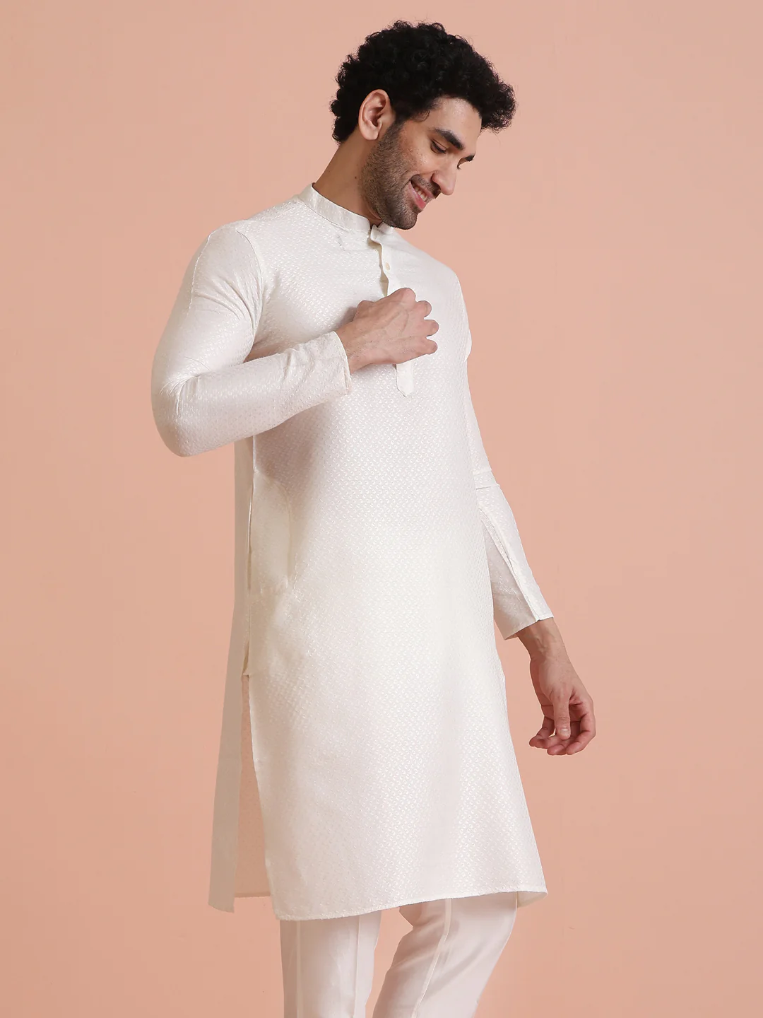 Cream Jacquard Silk Blend Kurta Trouser Set - Image 9