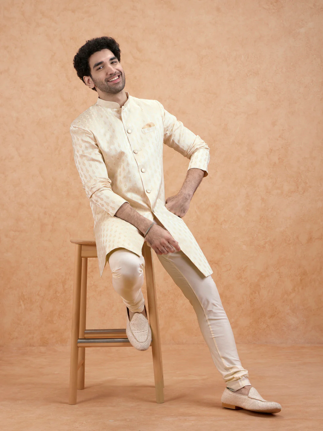 Cream Jacquard Silk Blend Sherwani Churidar Set