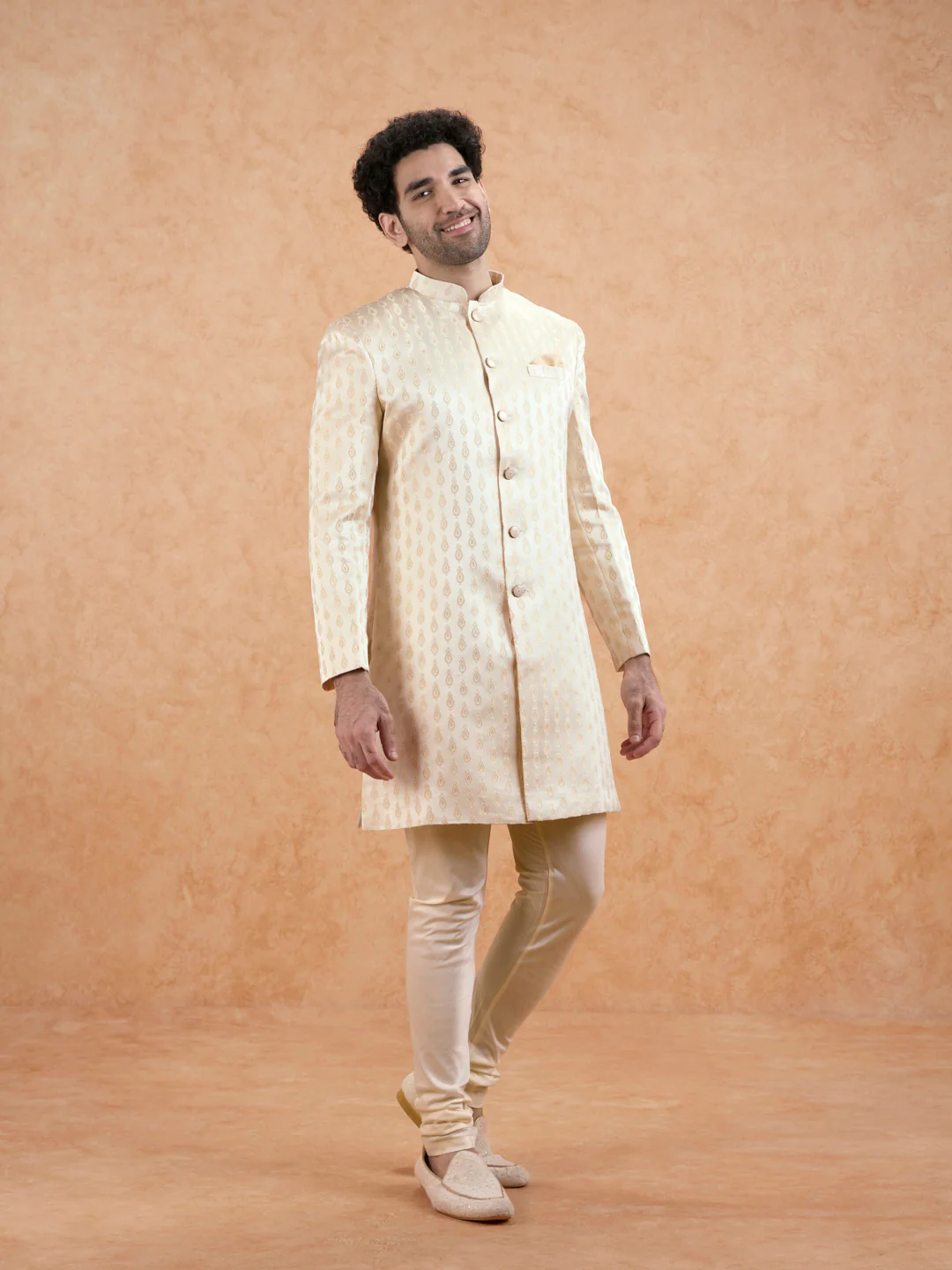 Cream Jacquard Silk Blend Sherwani Churidar Set - Image 3