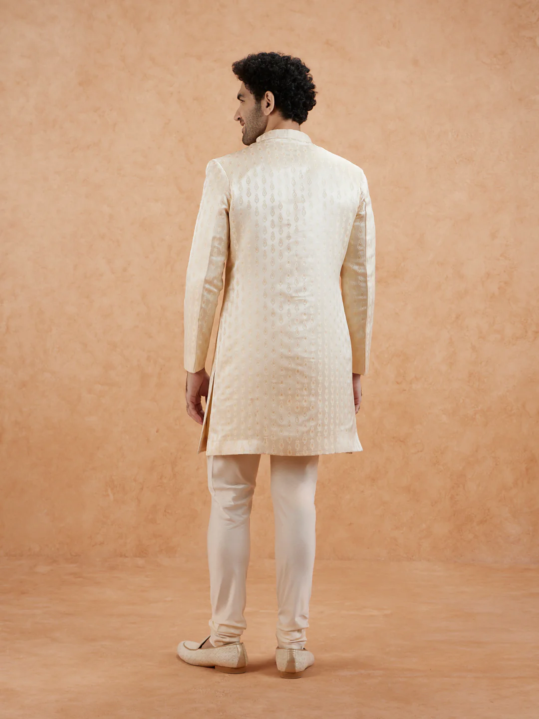 Cream Jacquard Silk Blend Sherwani Churidar Set - Image 4