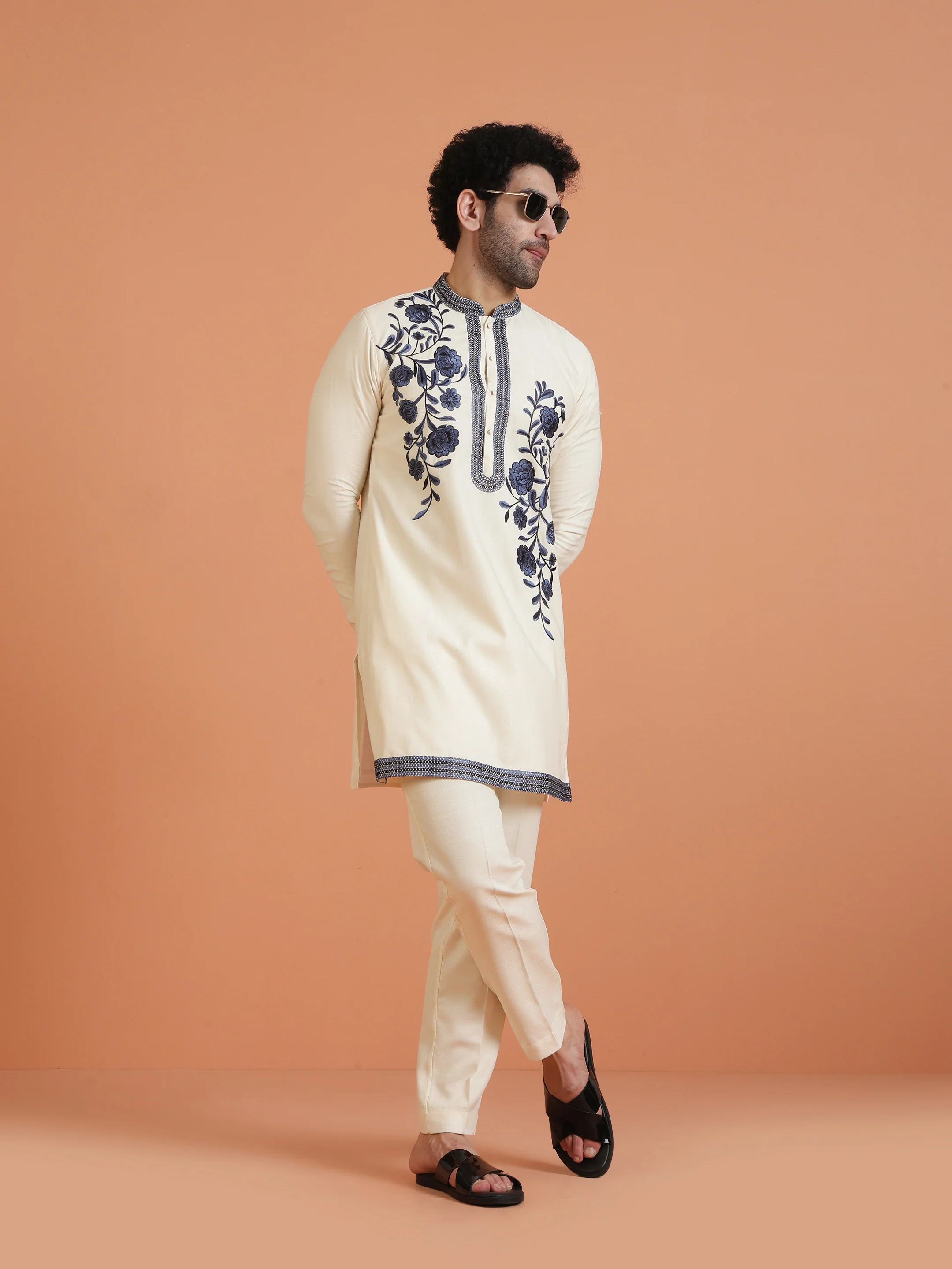 Cream & Navy Embroidered Kurta with Cream Trouser Set-Fusion Wear