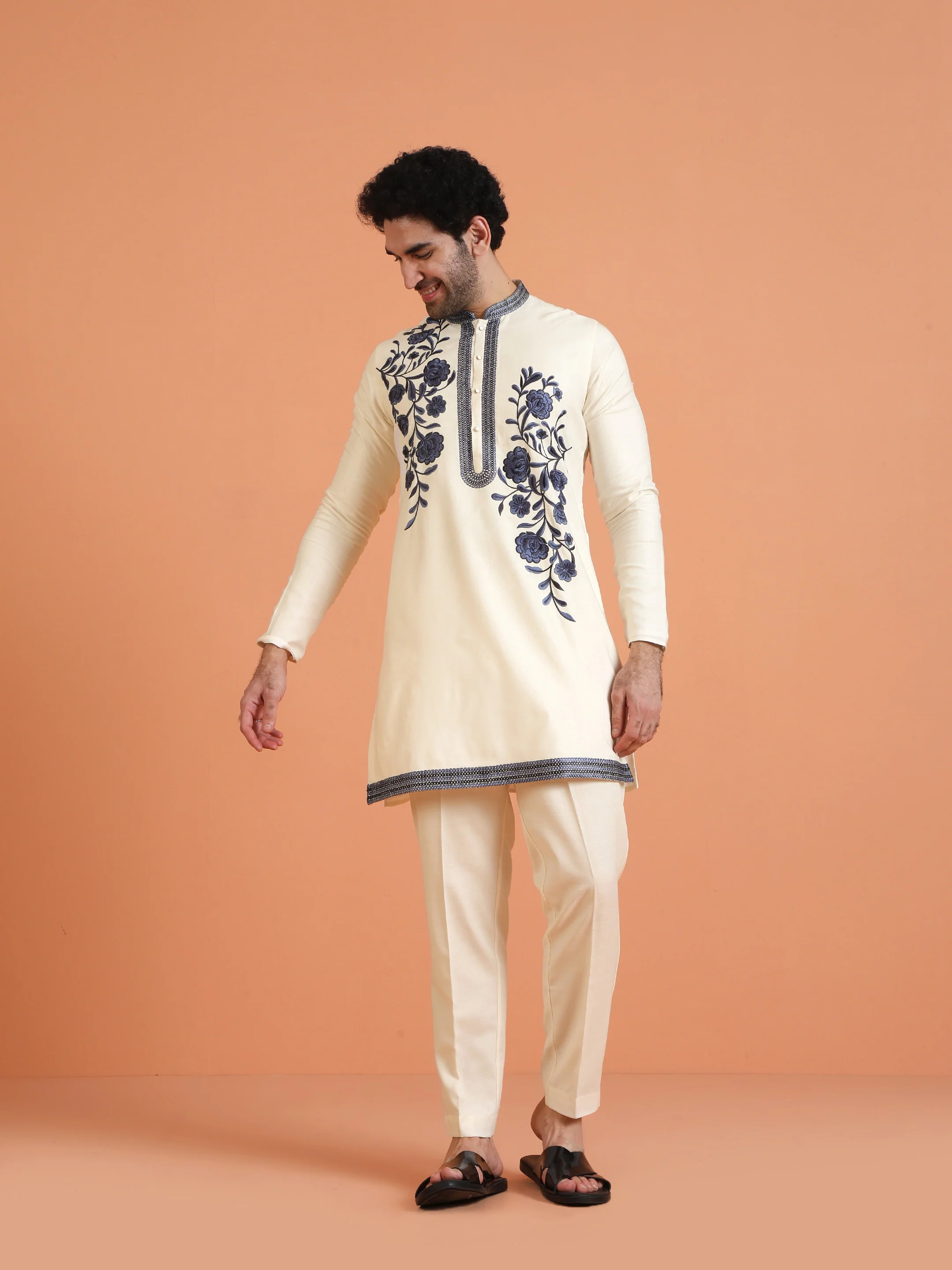 Cream & Navy Embroidered Kurta with Cream Trouser Set-Fusion Wear - Image 7