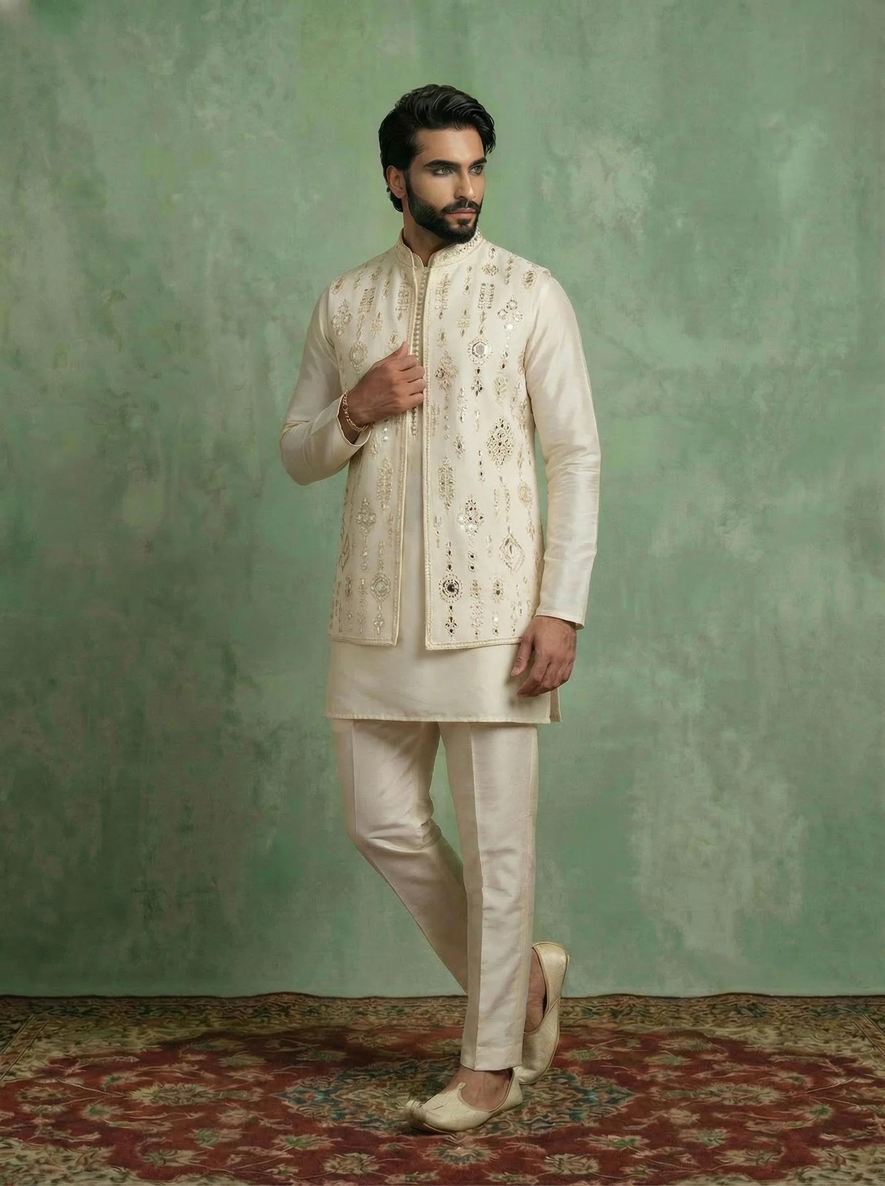 Cream Poly Silk Embroidered Mid Kurta Front Open Long Jacket Trouser Set