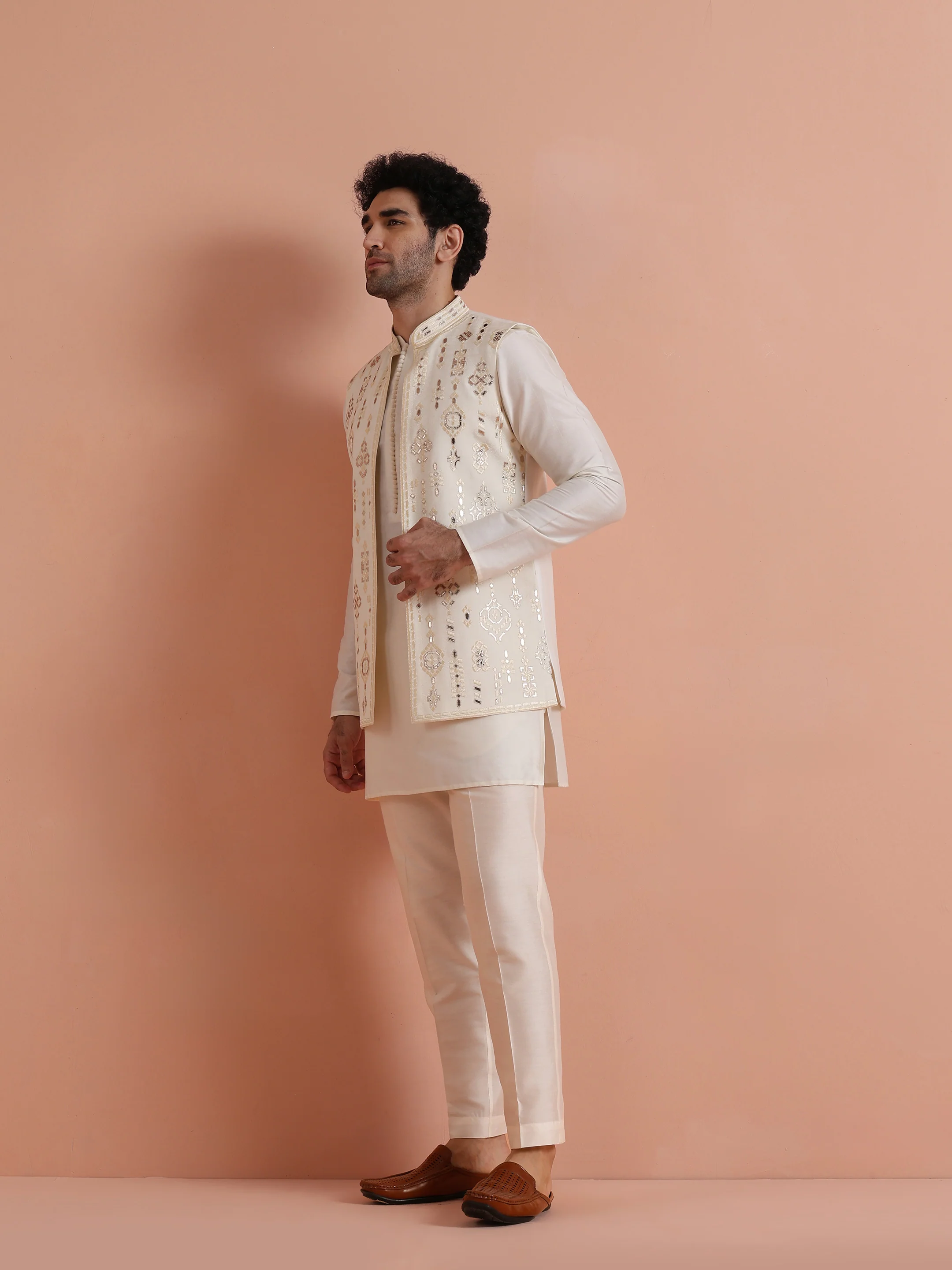 Cream Poly Silk Embroidered Mid Kurta Front Open Long Jacket Trouser Set - Image 3