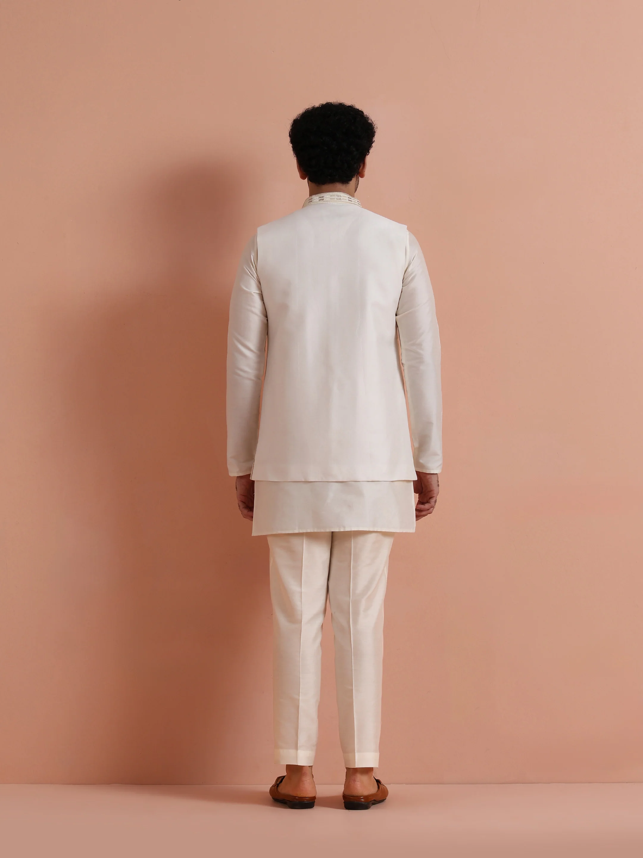 Cream Poly Silk Embroidered Mid Kurta Front Open Long Jacket Trouser Set - Image 4