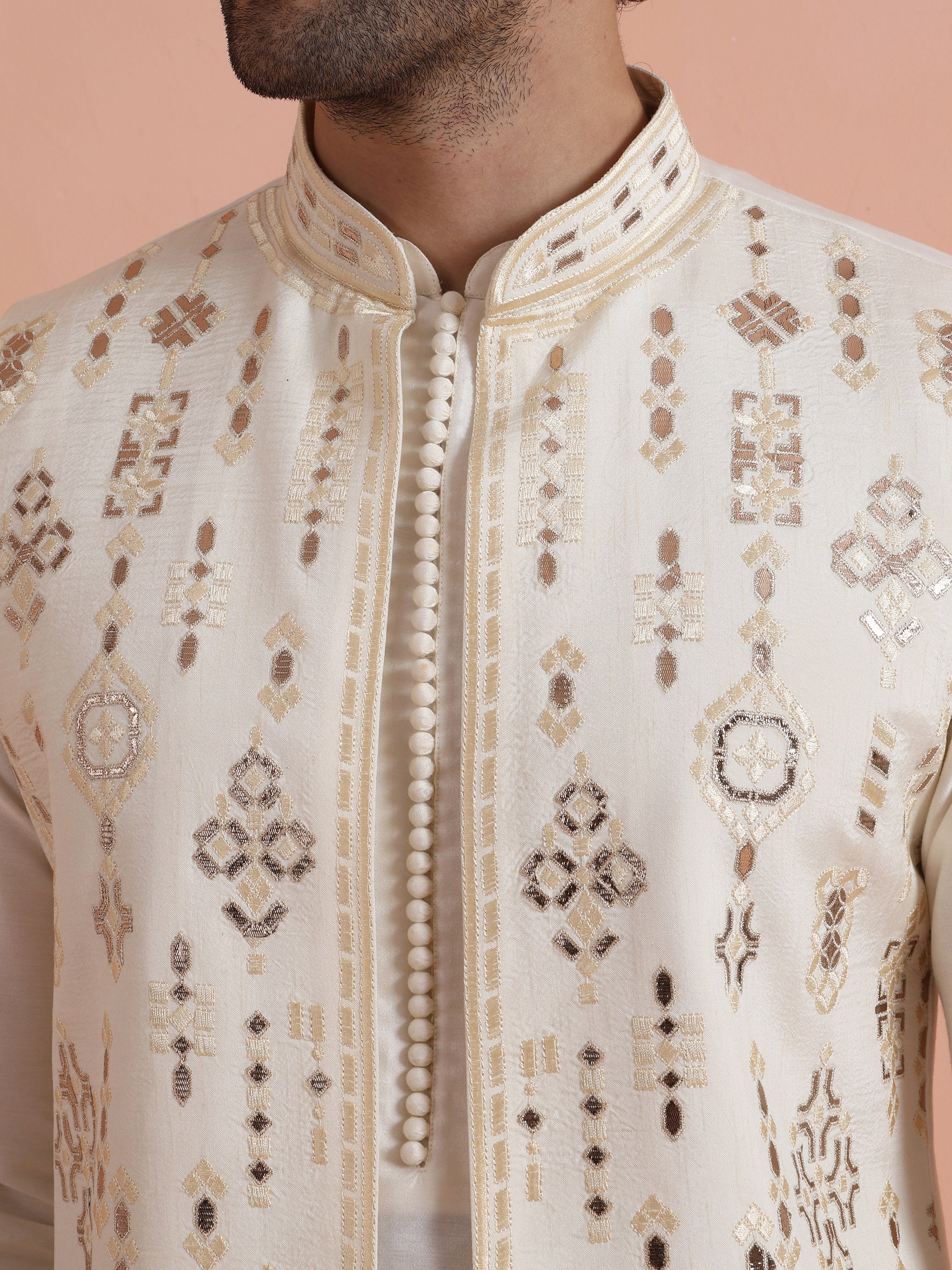 Cream Poly Silk Embroidered Mid Kurta Front Open Long Jacket Trouser Set - Image 5