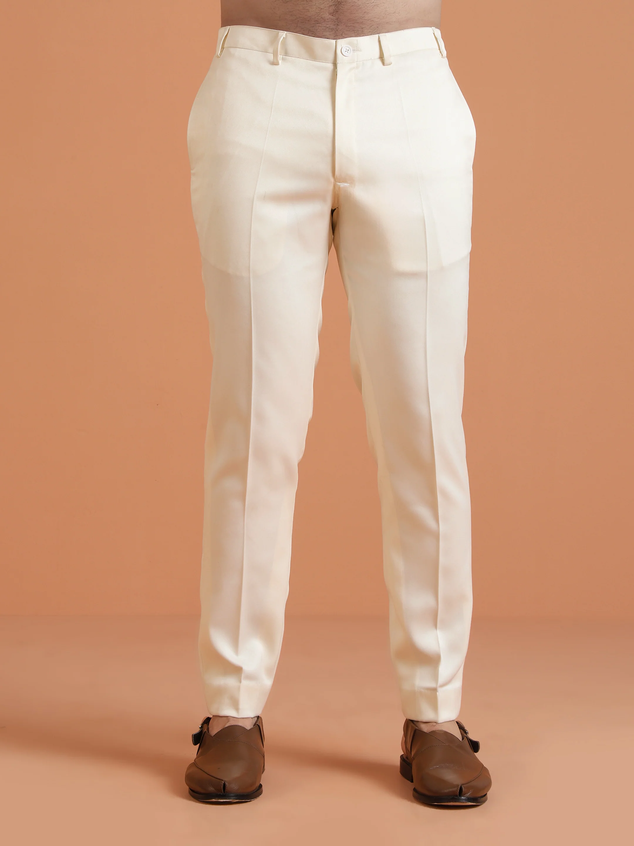 Cream Satin Solid Trouser