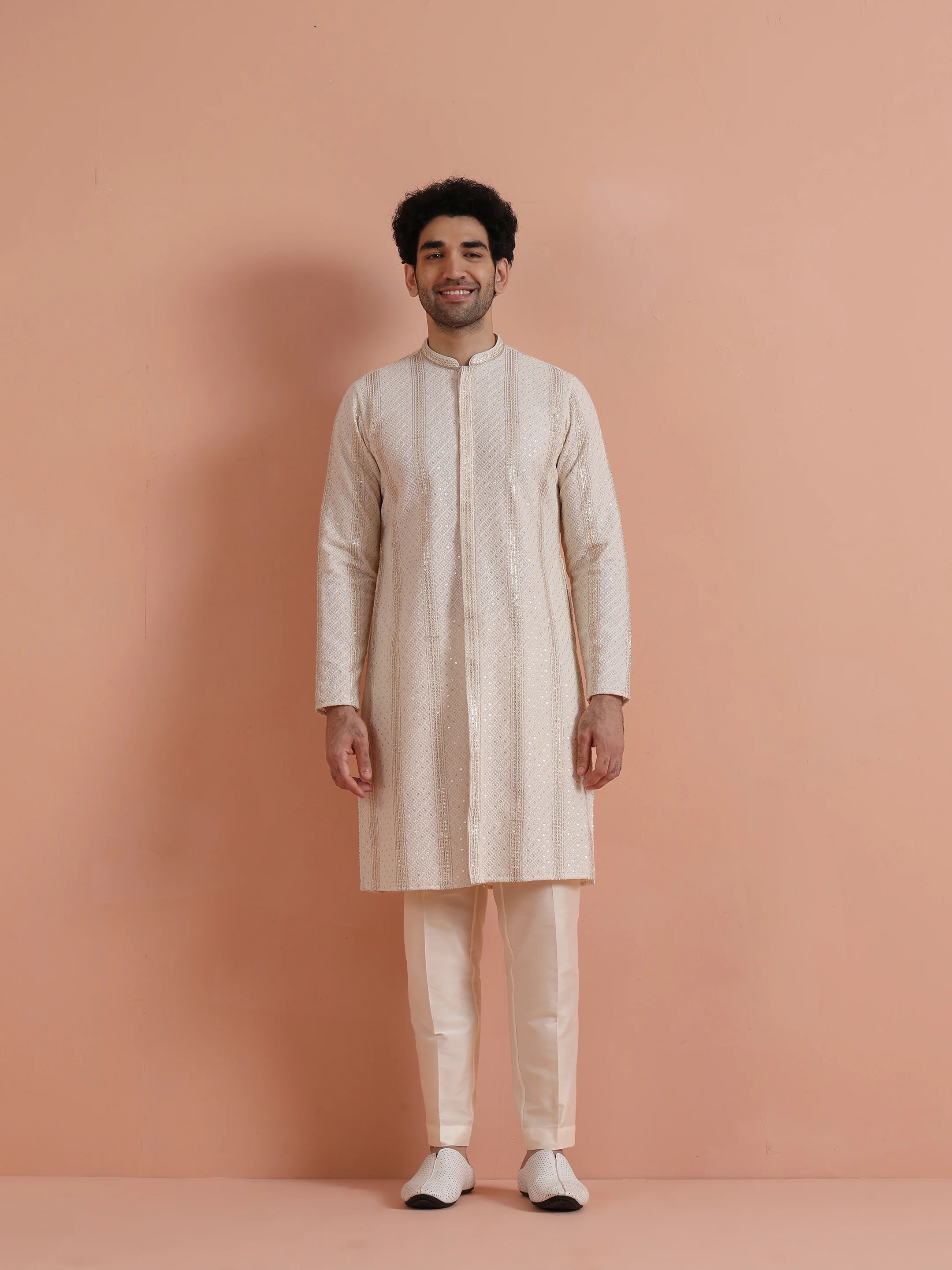 Cream Sequin Embroidered Kurta Set - Image 7