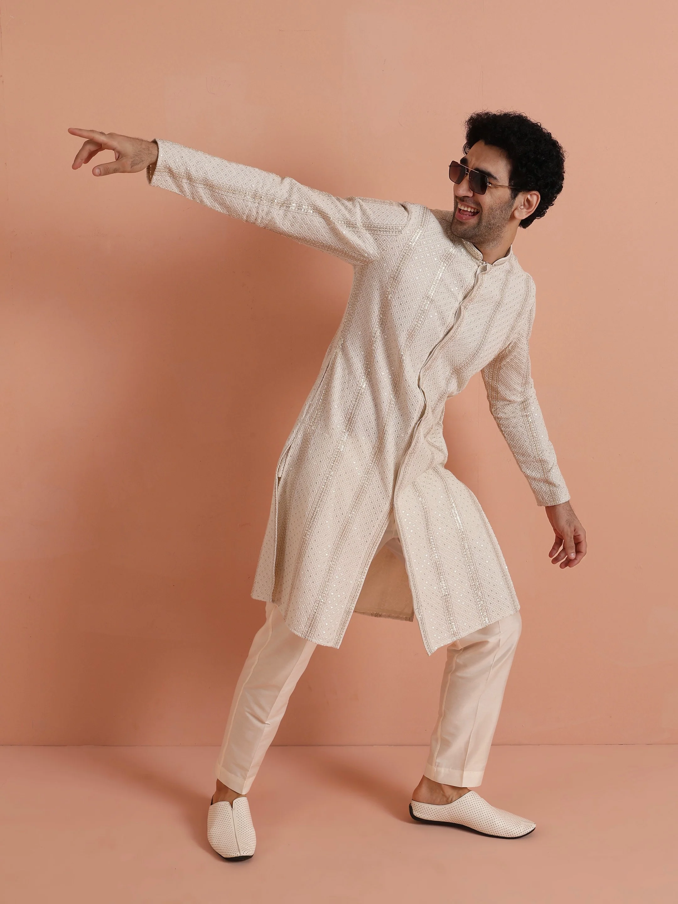 Cream Sequin Embroidered Kurta Set - Image 8