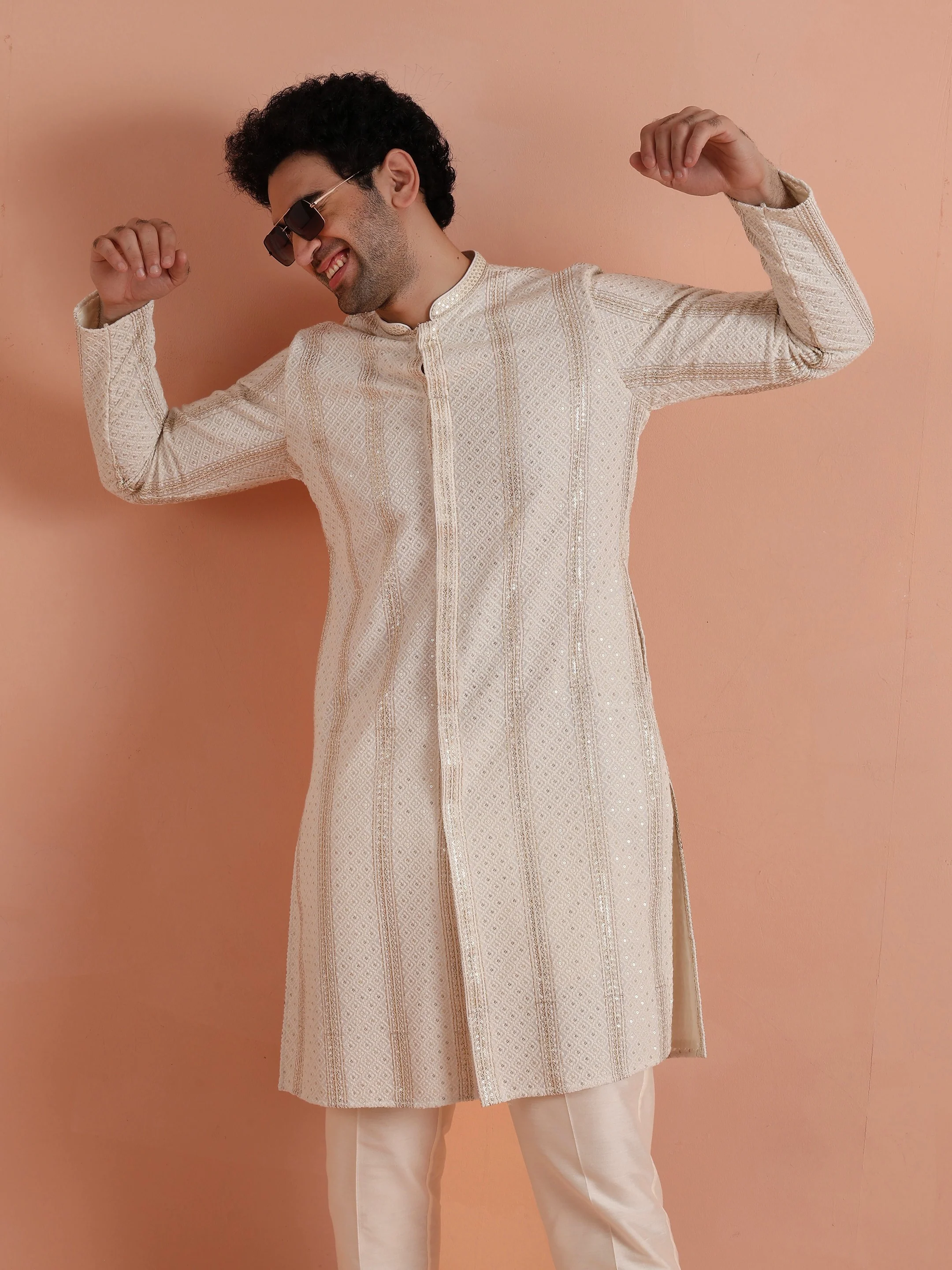 Cream Sequin Embroidered Kurta Set - Image 9