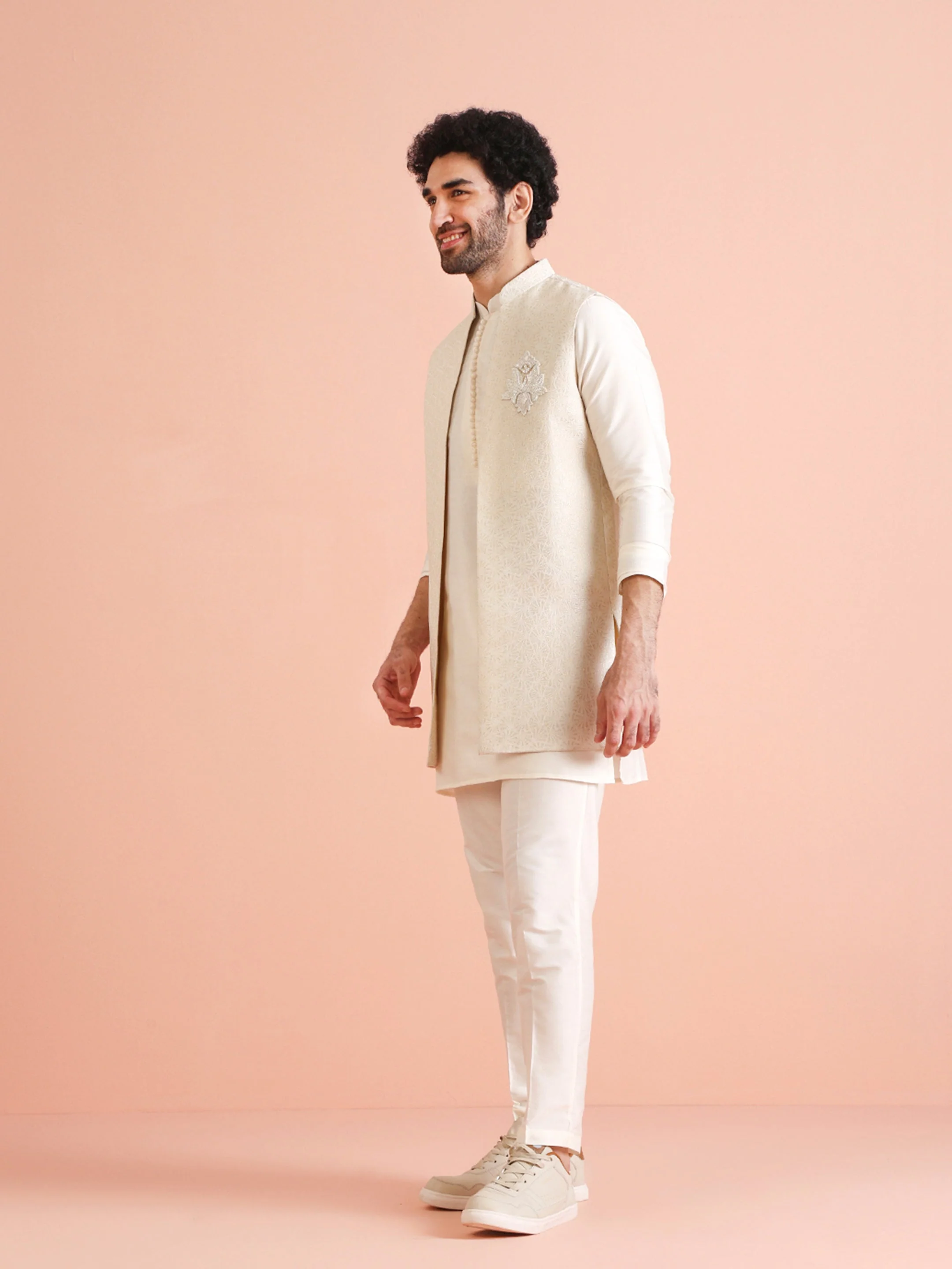 Cream Silk Blend Embroidered Jacket Set with Kurta & Churidar - Image 2