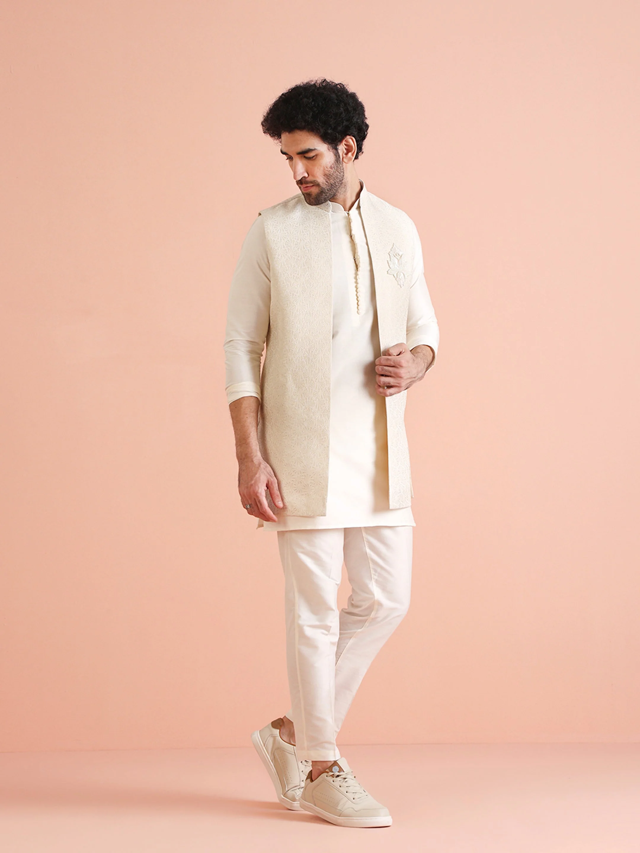 Cream Silk Blend Embroidered Jacket Set with Kurta & Churidar - Image 3