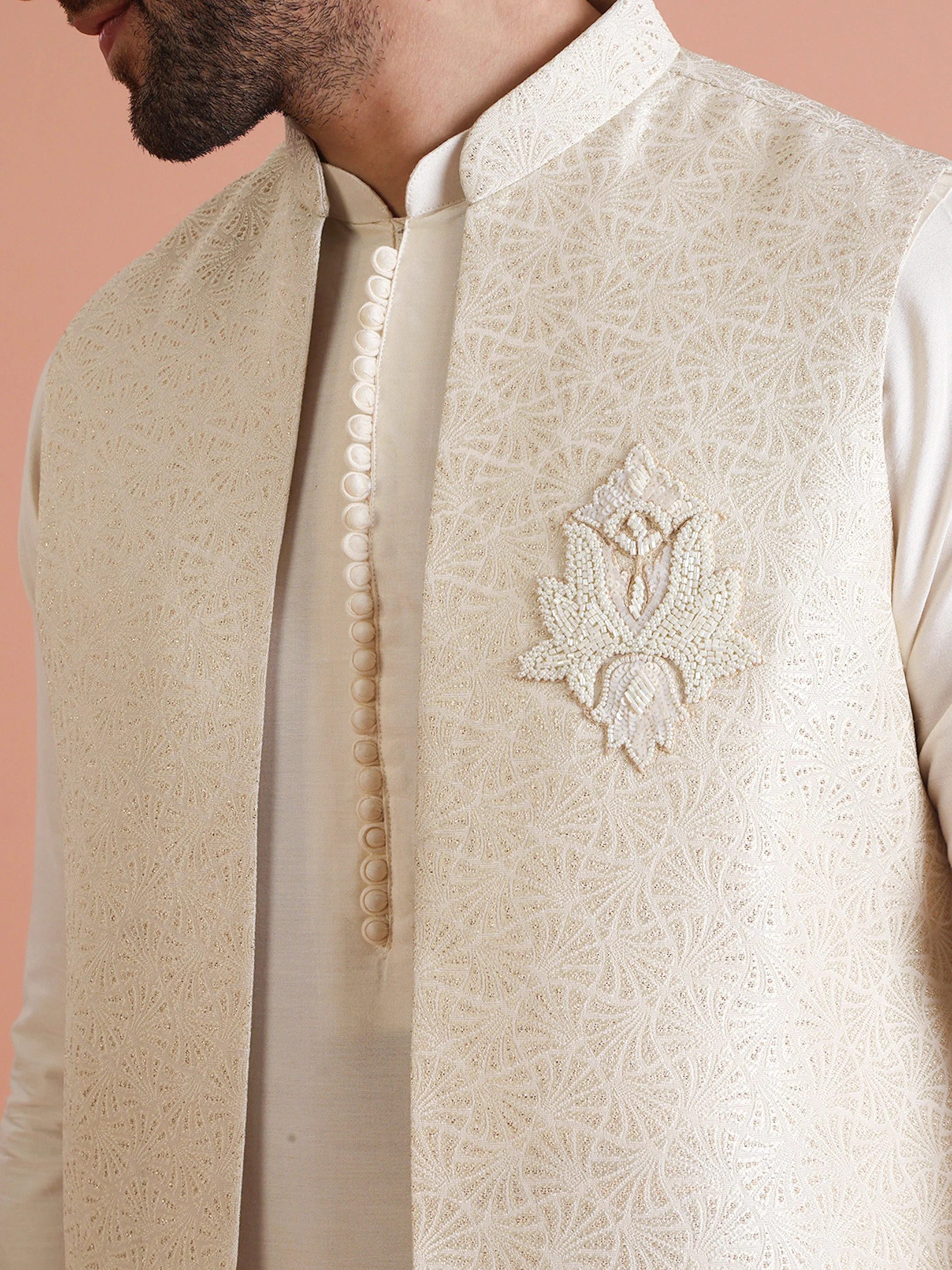 Cream Silk Blend Embroidered Jacket Set with Kurta & Churidar - Image 5
