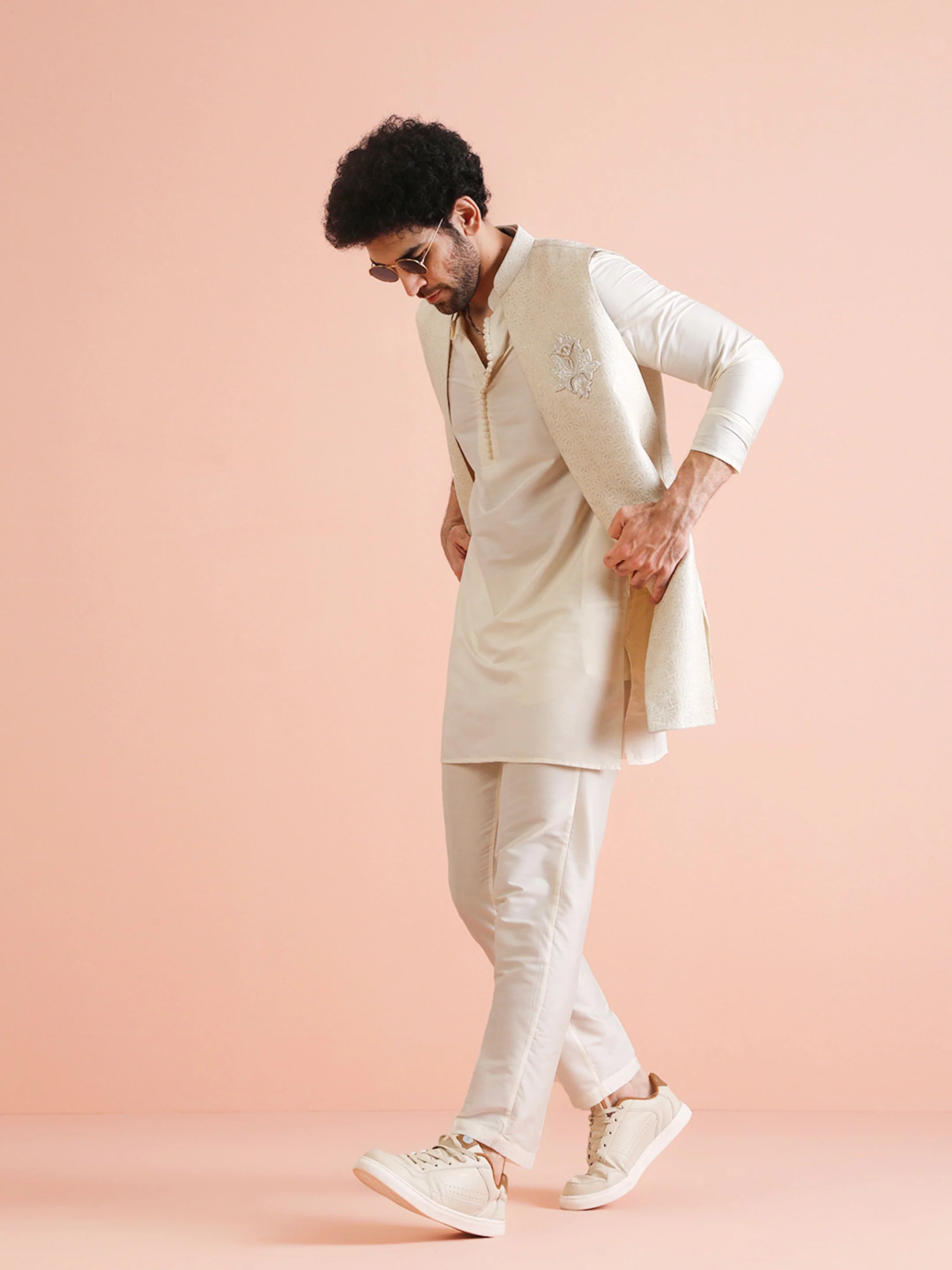 Cream Silk Blend Embroidered Jacket Set with Kurta & Churidar - Image 8