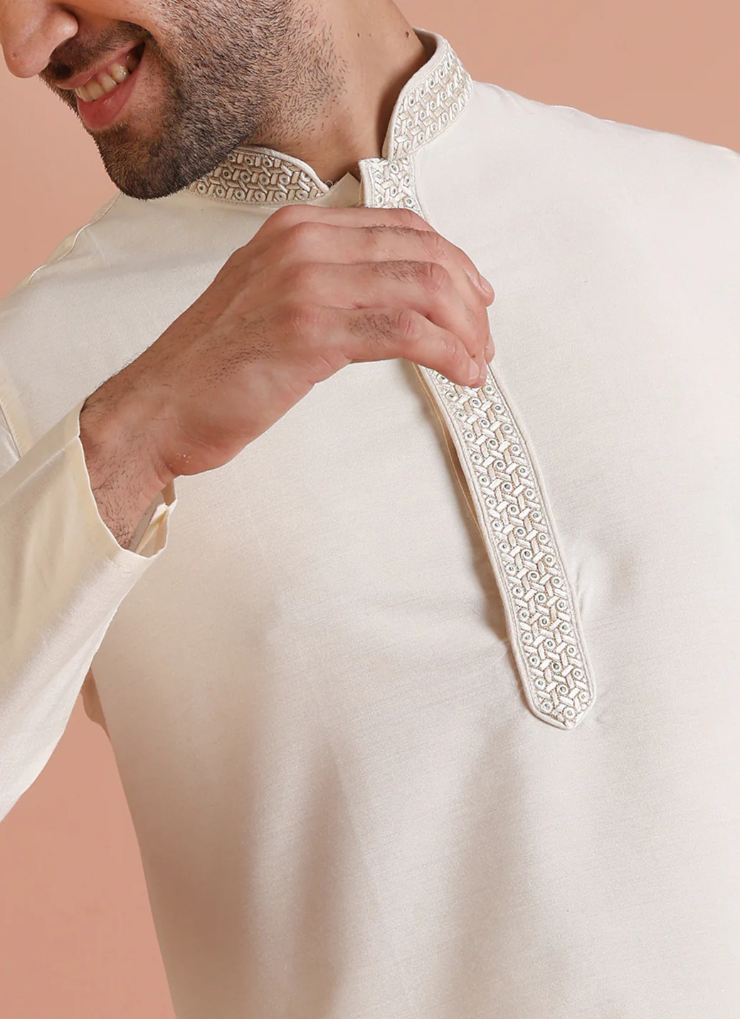 Cream Silk Blend Embroidered Long Kurta - Image 5